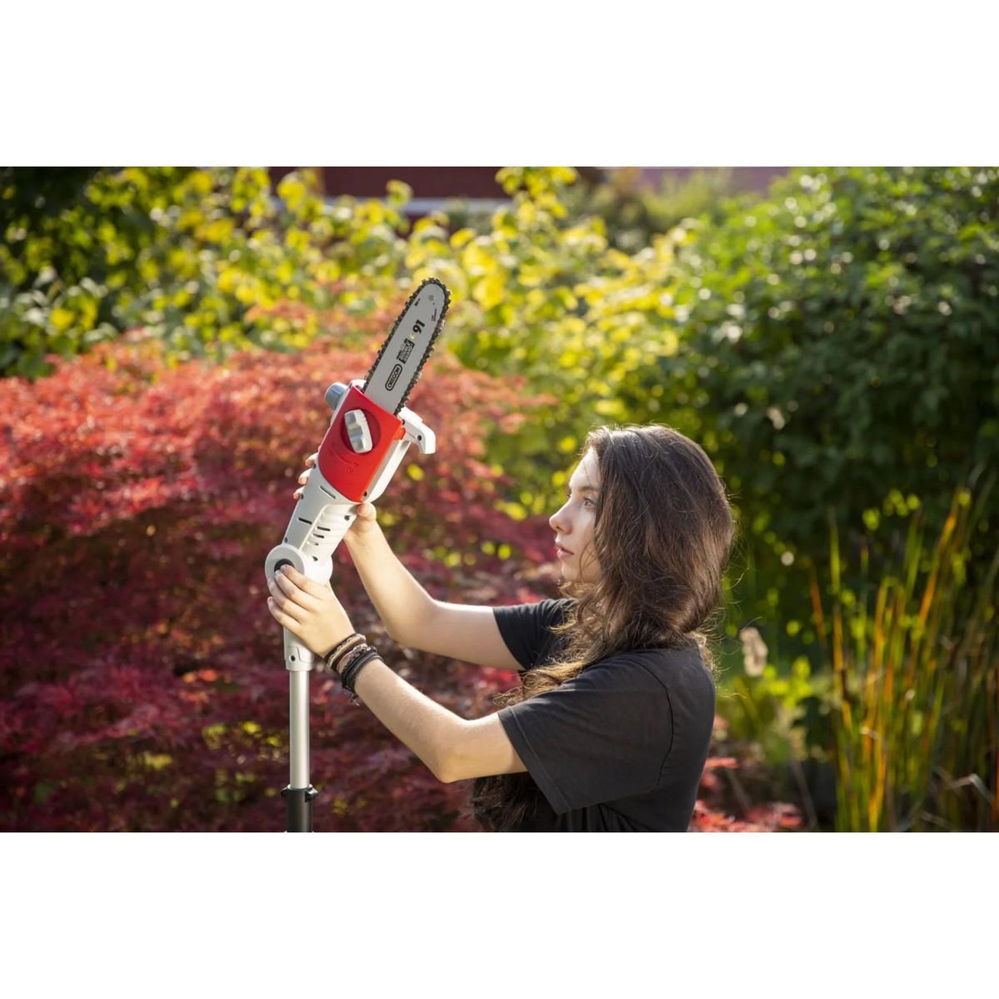Voir la diapositive 4 : Ikra Elagueur sur perche 20v télescopique jusqu'à 4m - elagueuse guide oregon 20cm- inclus batterie lithium 2.0ah+ chargeur ikra