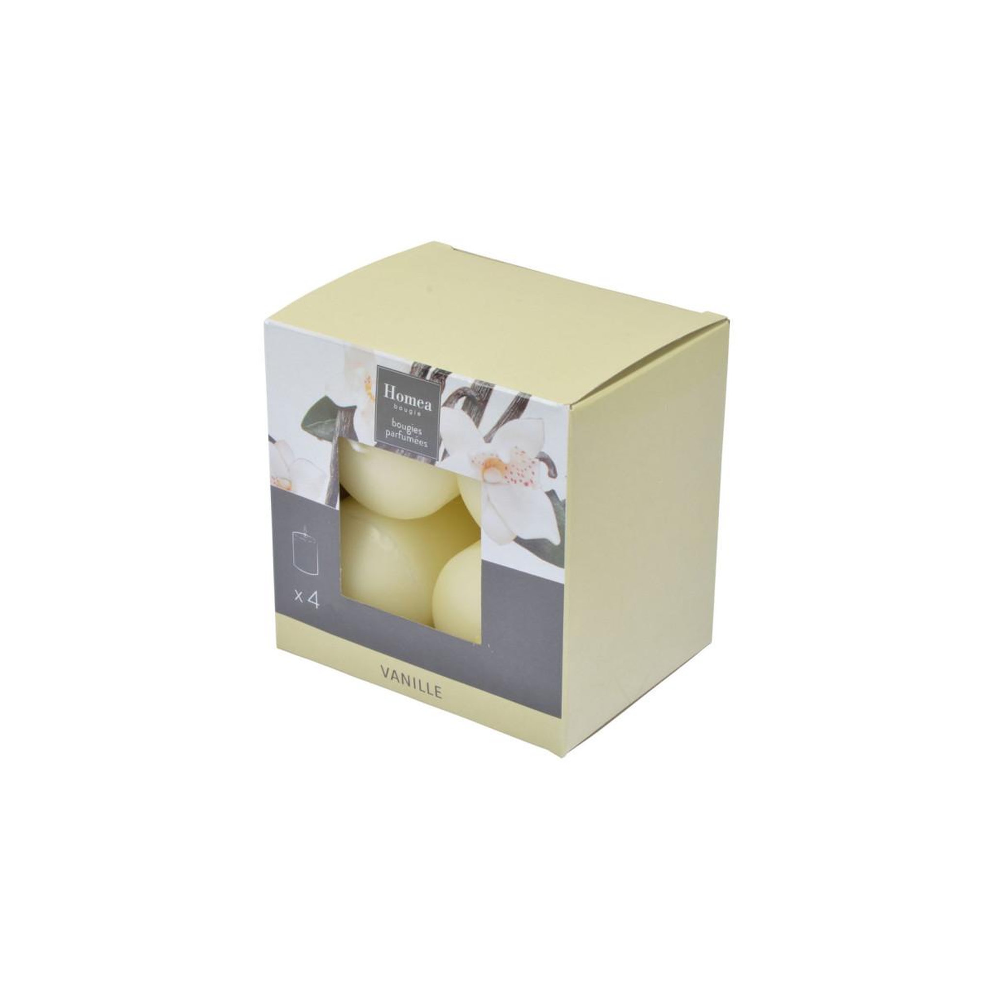 Voir la diapositive 3 : HOMEA Lot de 4 Bougies Pilier  Essentiel II  6cm Vanille