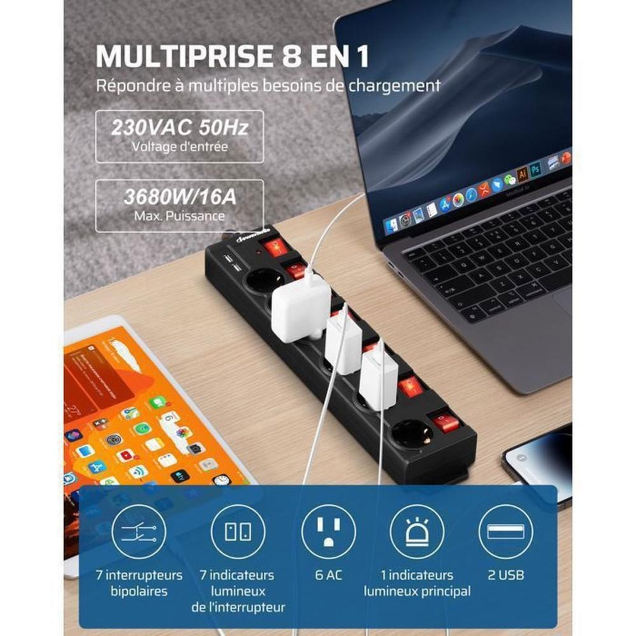 Voir la diapositive 2 : Multiprise parafoudre 6 prises AC + 2 USB 3680 W 16 A, câble 3 m, 7 interrupteurs LED, fixation murale ou bureau, noire
