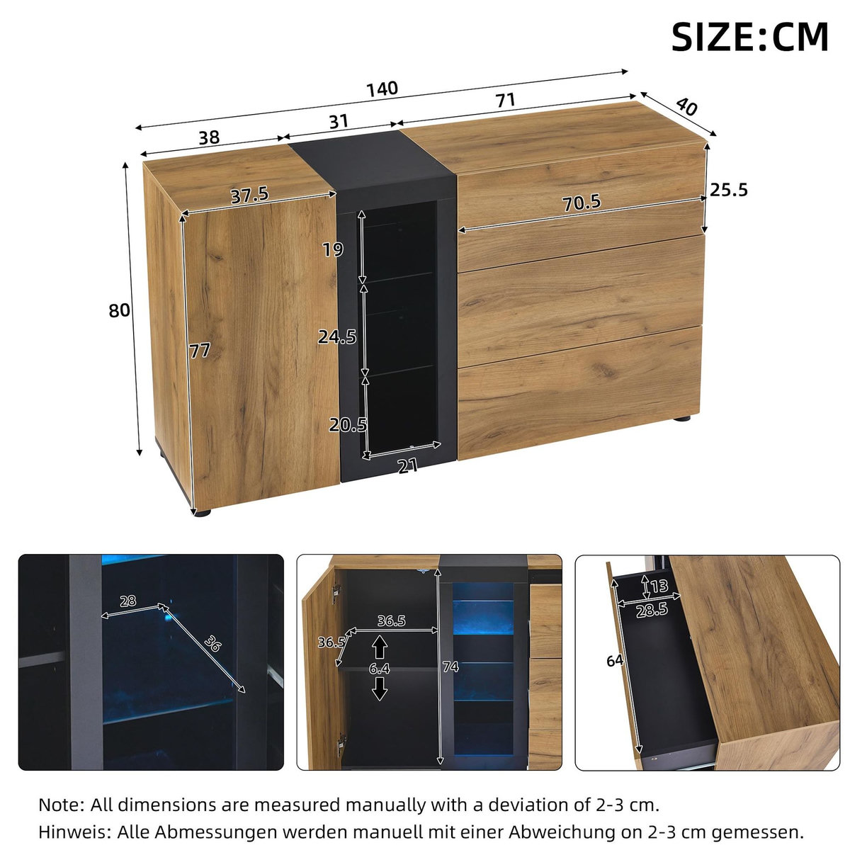 MERAX Buffet 1 porte(s) 3 tiroir(s) - 140 cm naturel led panneaux de particules