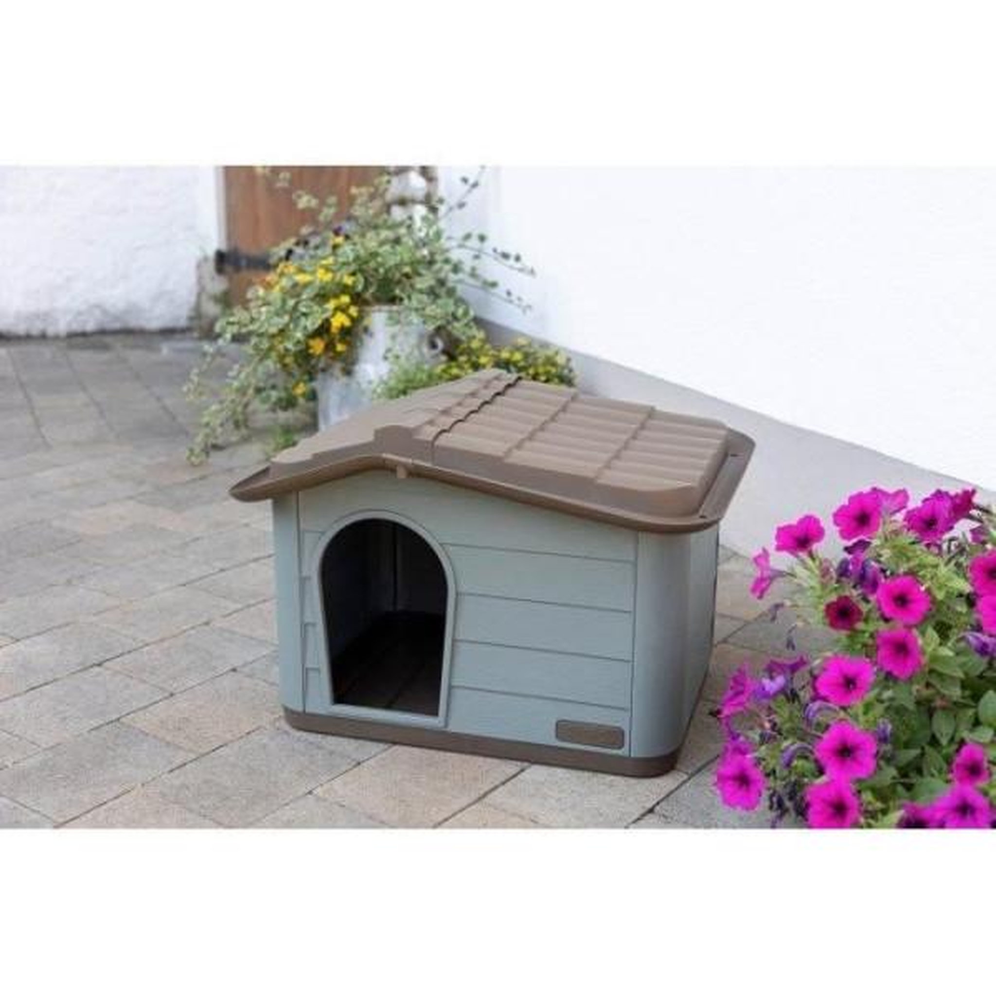 Voir la diapositive 5 : KERBL KERBL Niche extérieure en plastique pour chats ou chien Taille M - 75 x 59 x 55 cm- Gris et marron -