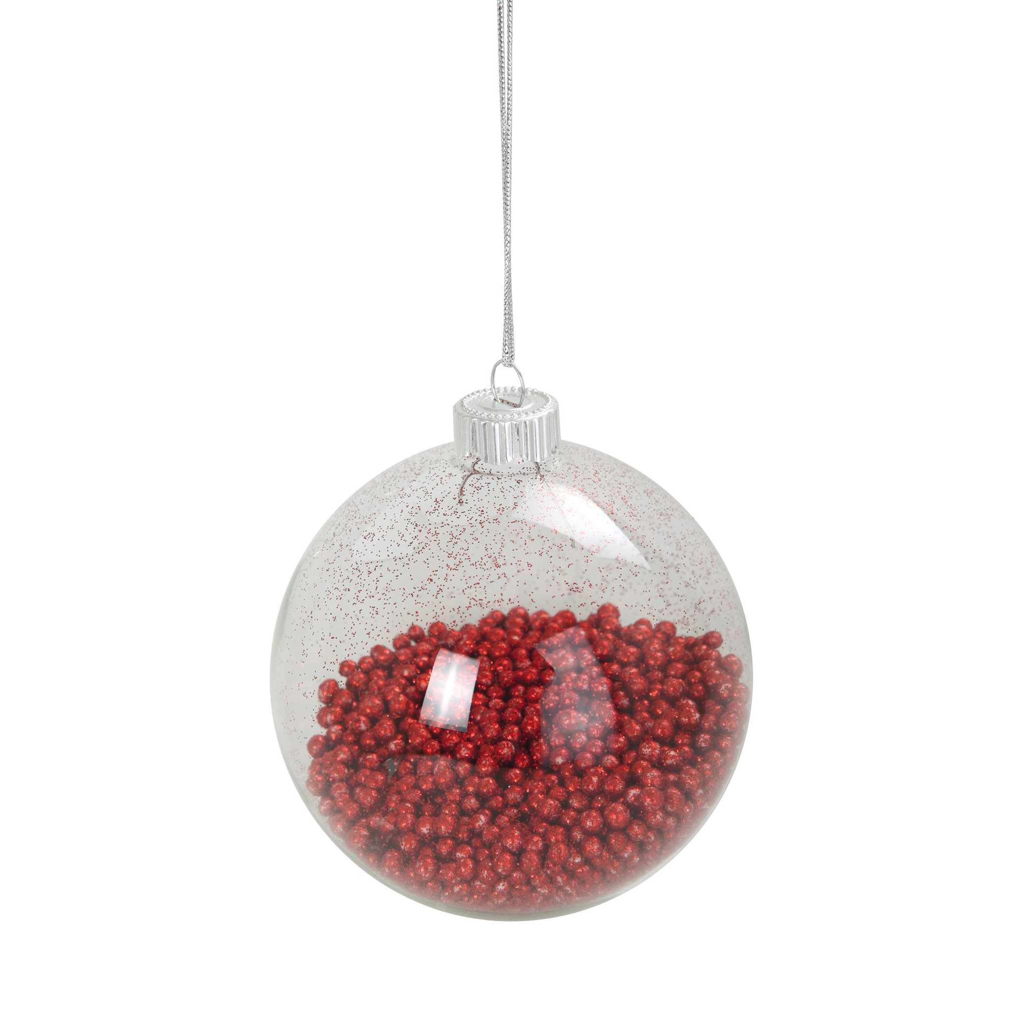 Eden Boule de noël transparente avec billes. Coloris disponibles : Jaune, Rouge, Gris, Rose