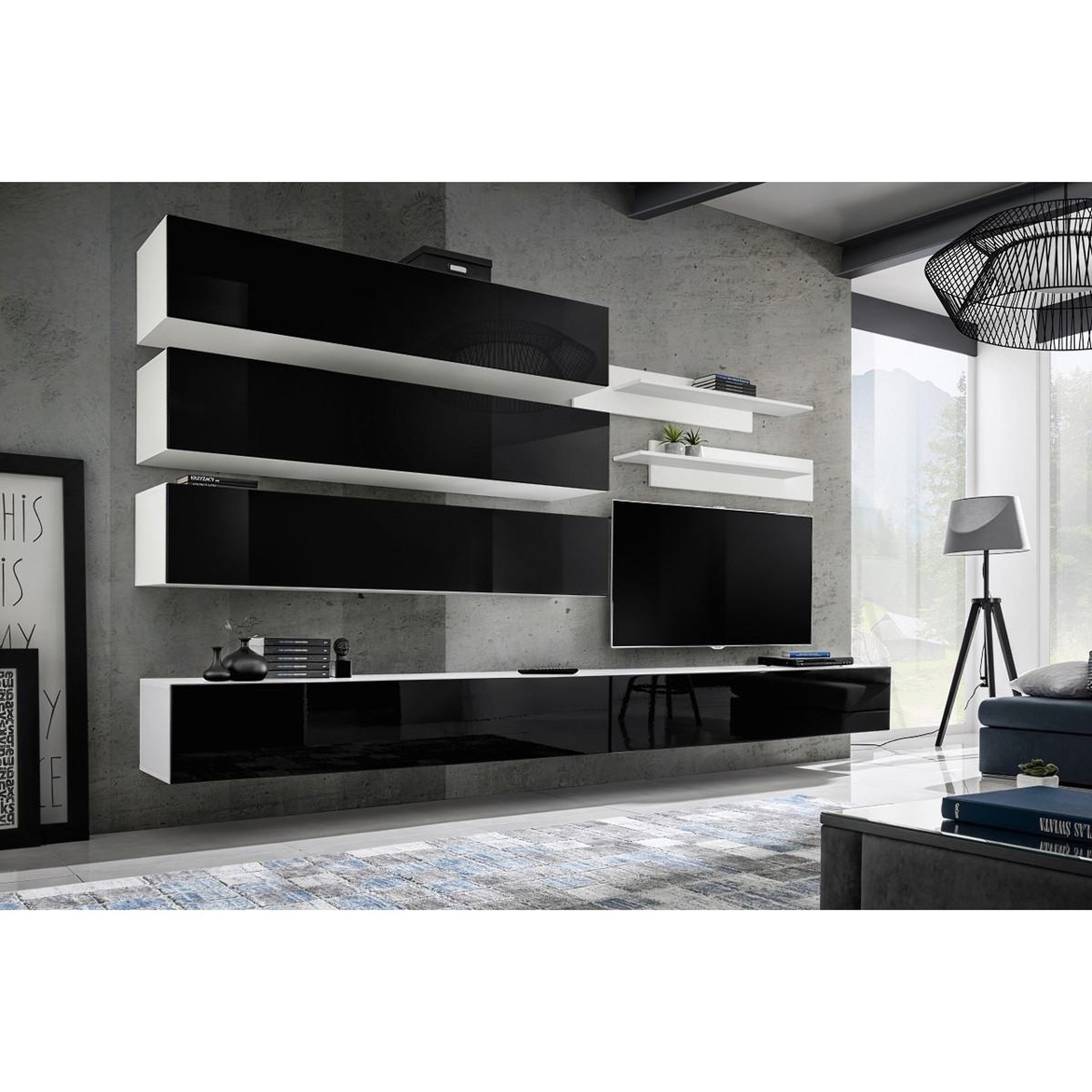 Voir la diapositive 2 : Paris Prix Ensemble meuble tv mural  fly j1  320cm noir & blanc