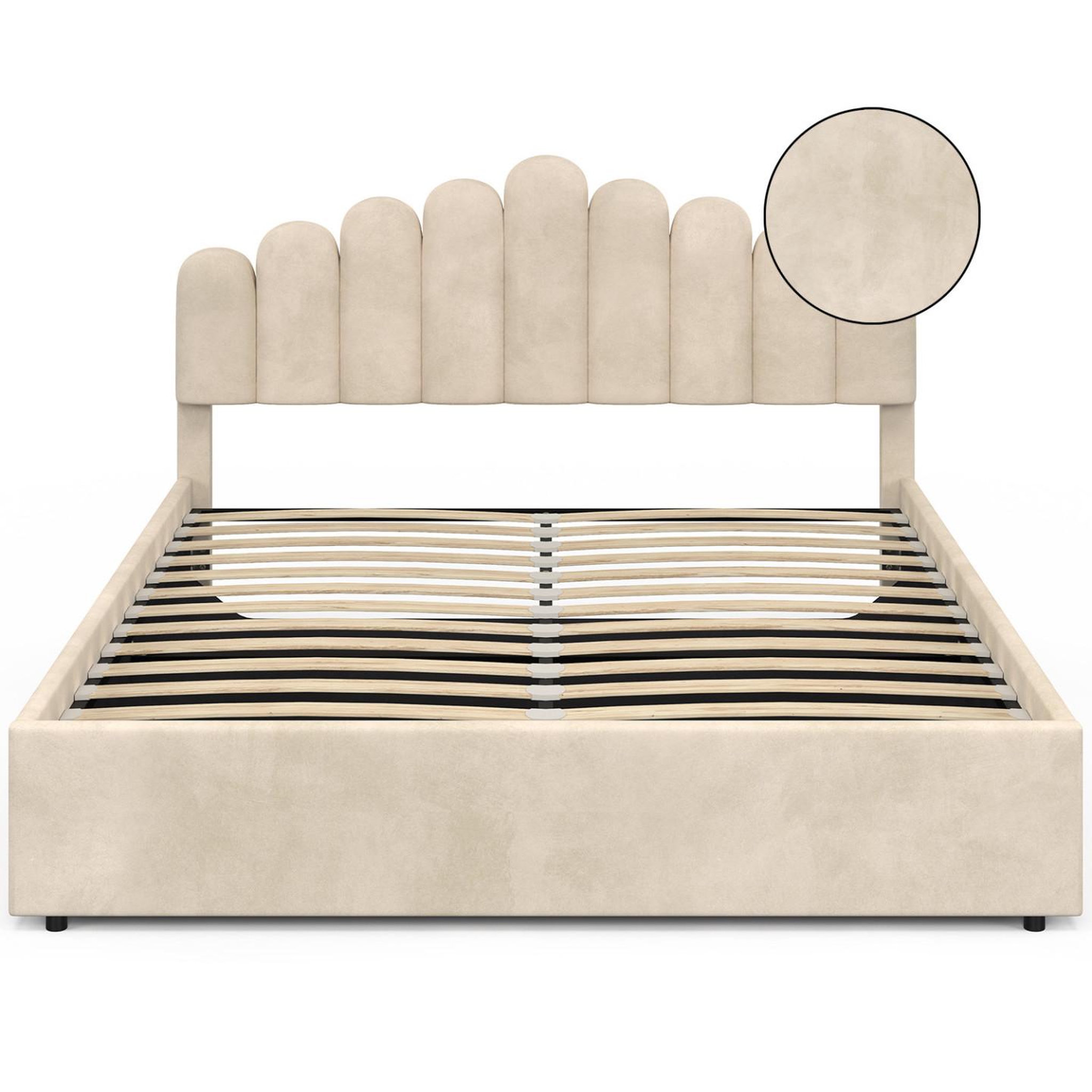 Voir la diapositive 3 : ID MARKET Lit coffre double noelie avec tête de lit et sommier 160 x 200 cm velours beige