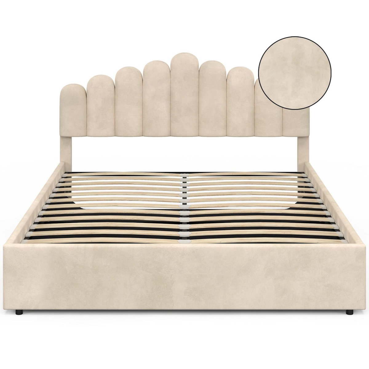 ID MARKET Lit coffre double NOELIE avec tête de lit et sommier 160 x 200 cm velours beige
