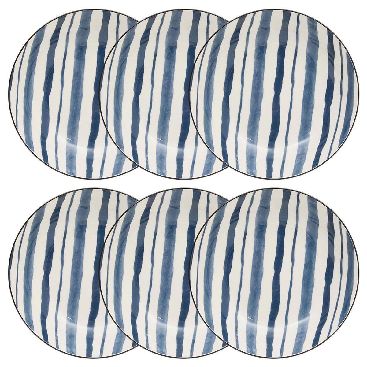 SECRET DE GOURMET Lot de 6 Assiettes Creuses  Umami Rayure  20cm Bleu