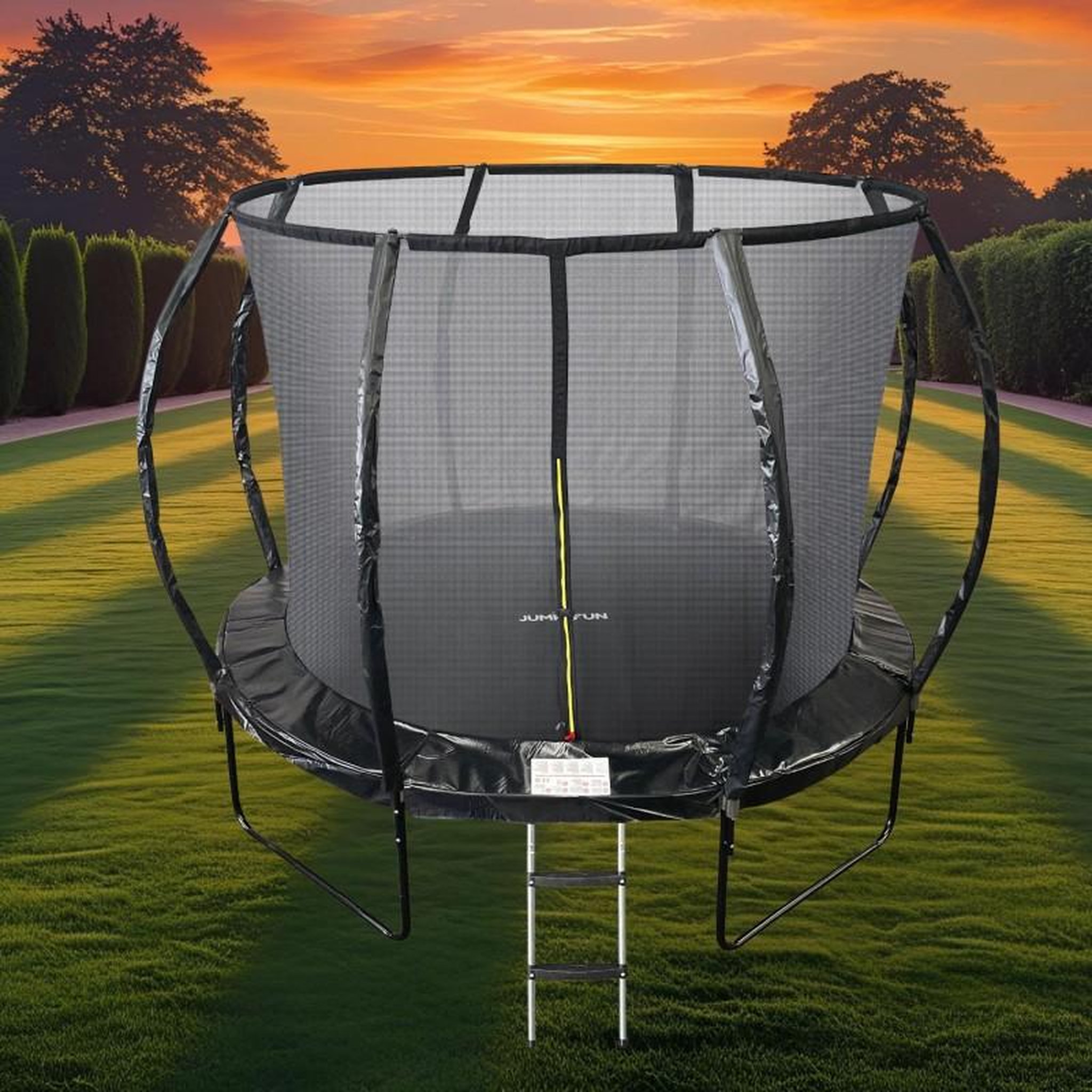 Voir la diapositive 2 : JUMP4FUN Trampoline 10Ft ø 305cm noire avec Echelle, Protection et Filet de sécurité