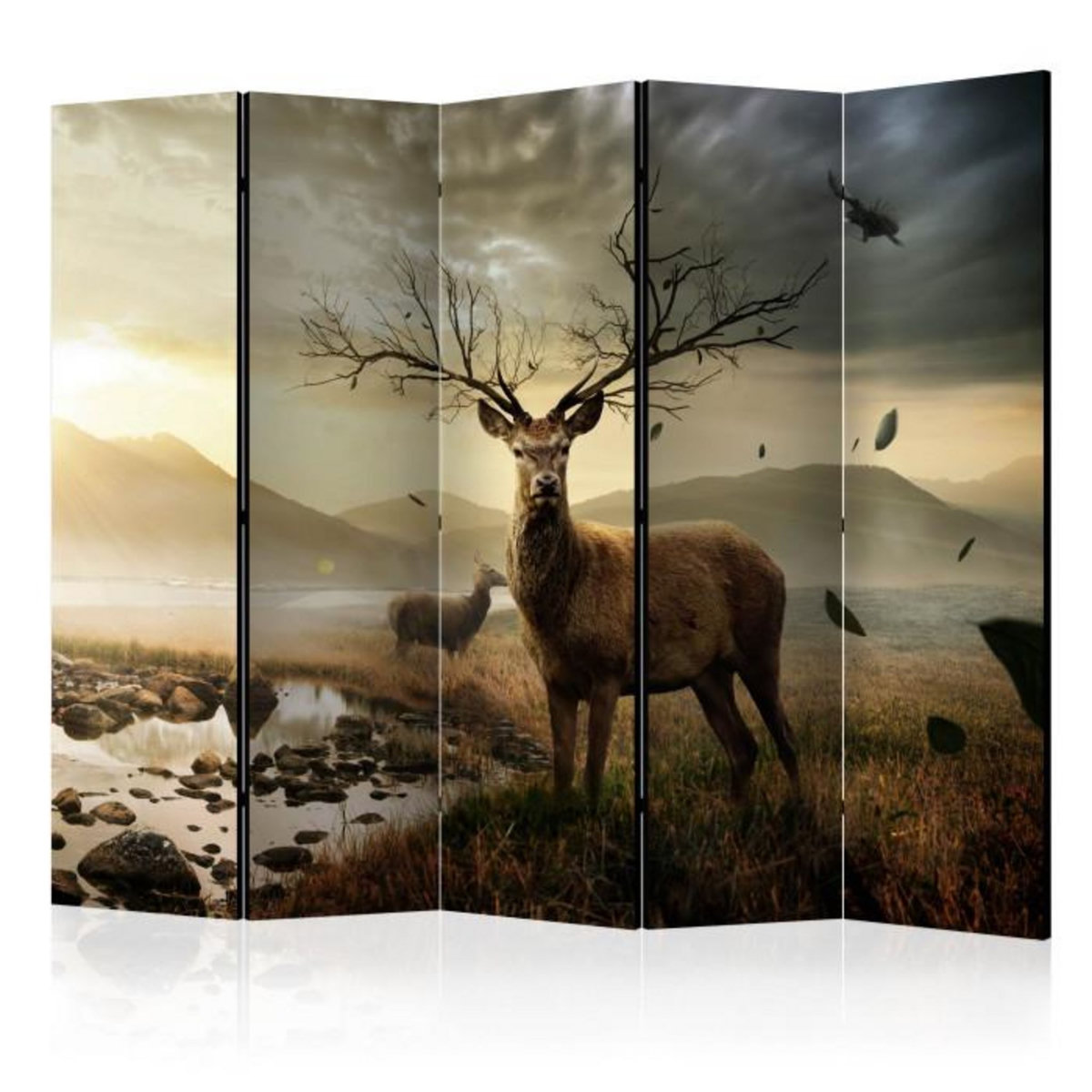 Paris Prix Paravent 5 Volets  Deers By Mountain Stream  172x225cm