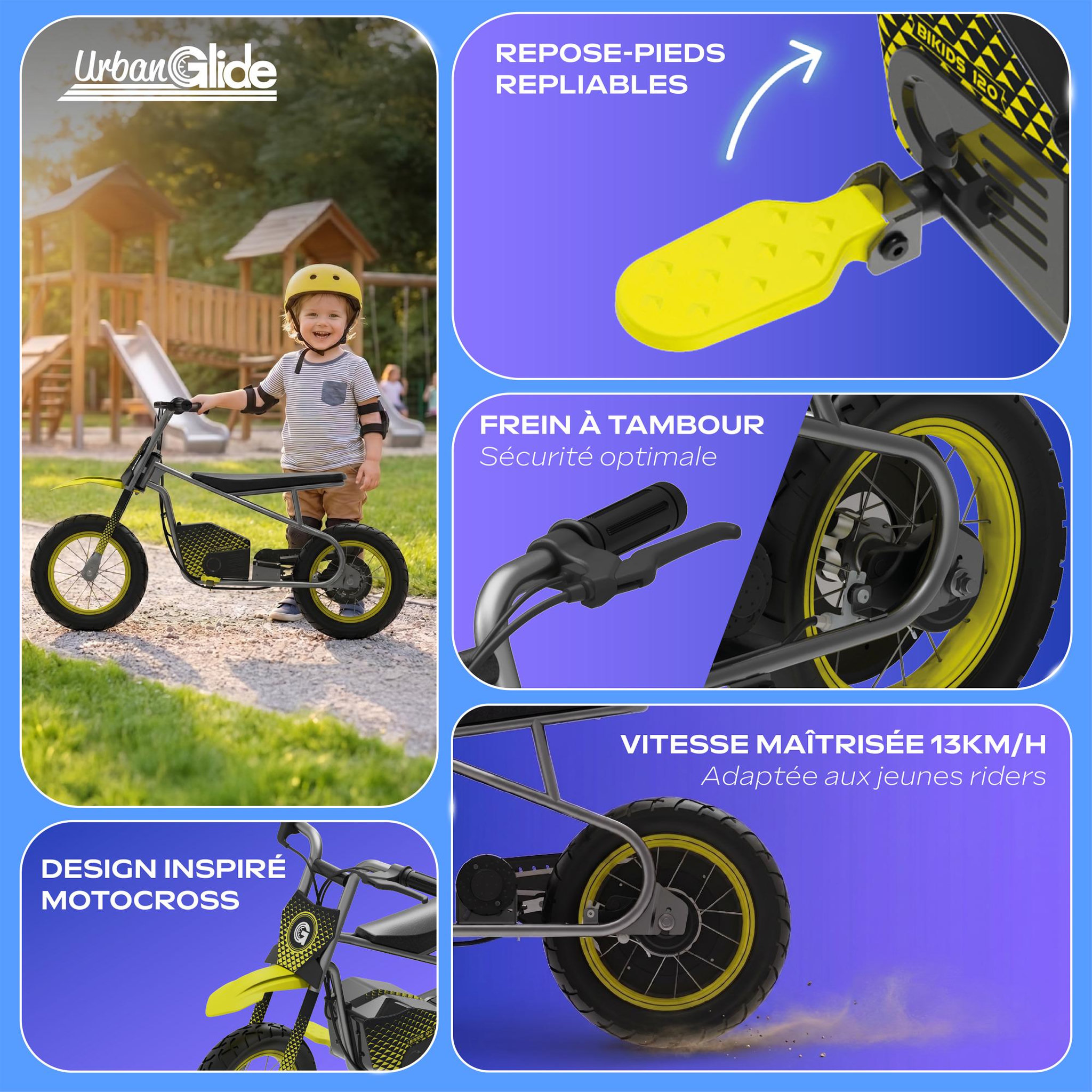 Voir la diapositive 5 : URBANGLIDE Moto électrique enfant urbanglide bikids 120 – 6 ans et + – vitesse 13km/h – autonomie 40min – pneus 12'' chambre à air – poids 11kg