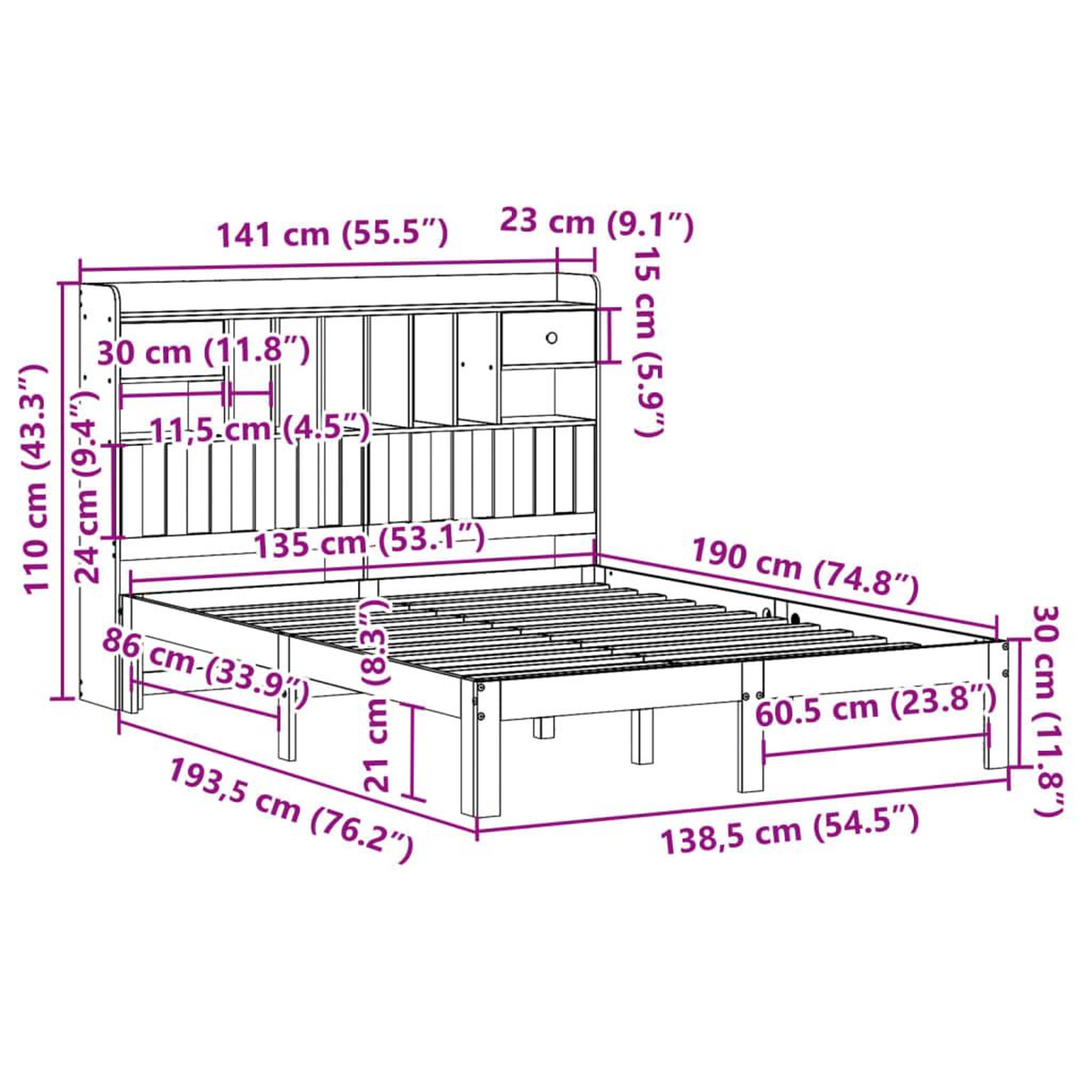 Voir la diapositive 6 : VIDAXL Lit bibliotheque sans matelas blanc 135x190 cm bois pin massif