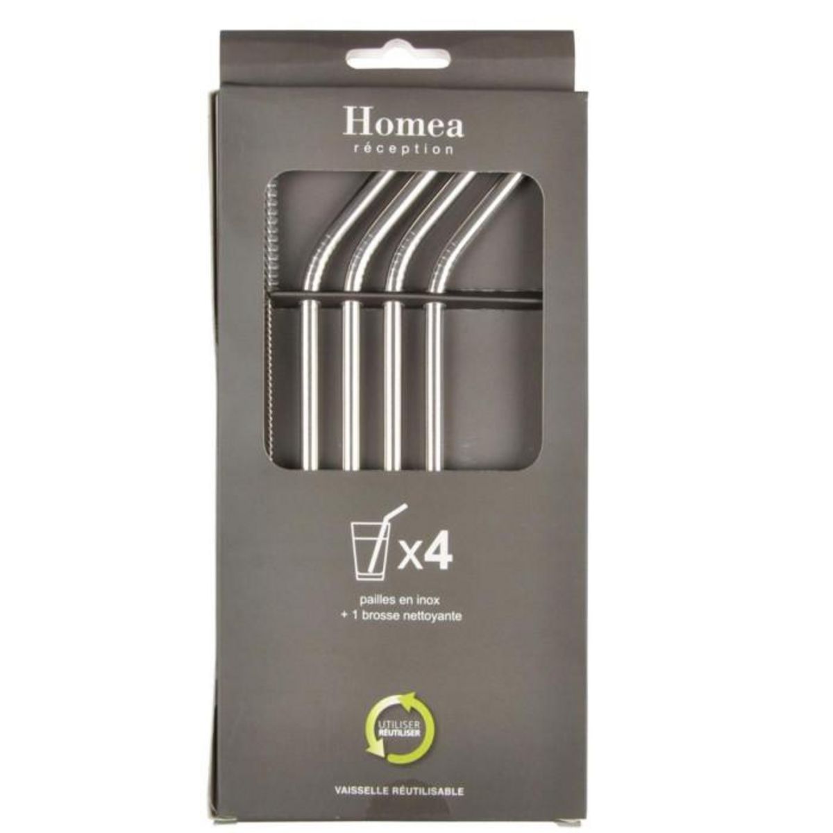 Paris Prix Lot de 4 Pailles Réutilisables  Brosse  21cm Argent