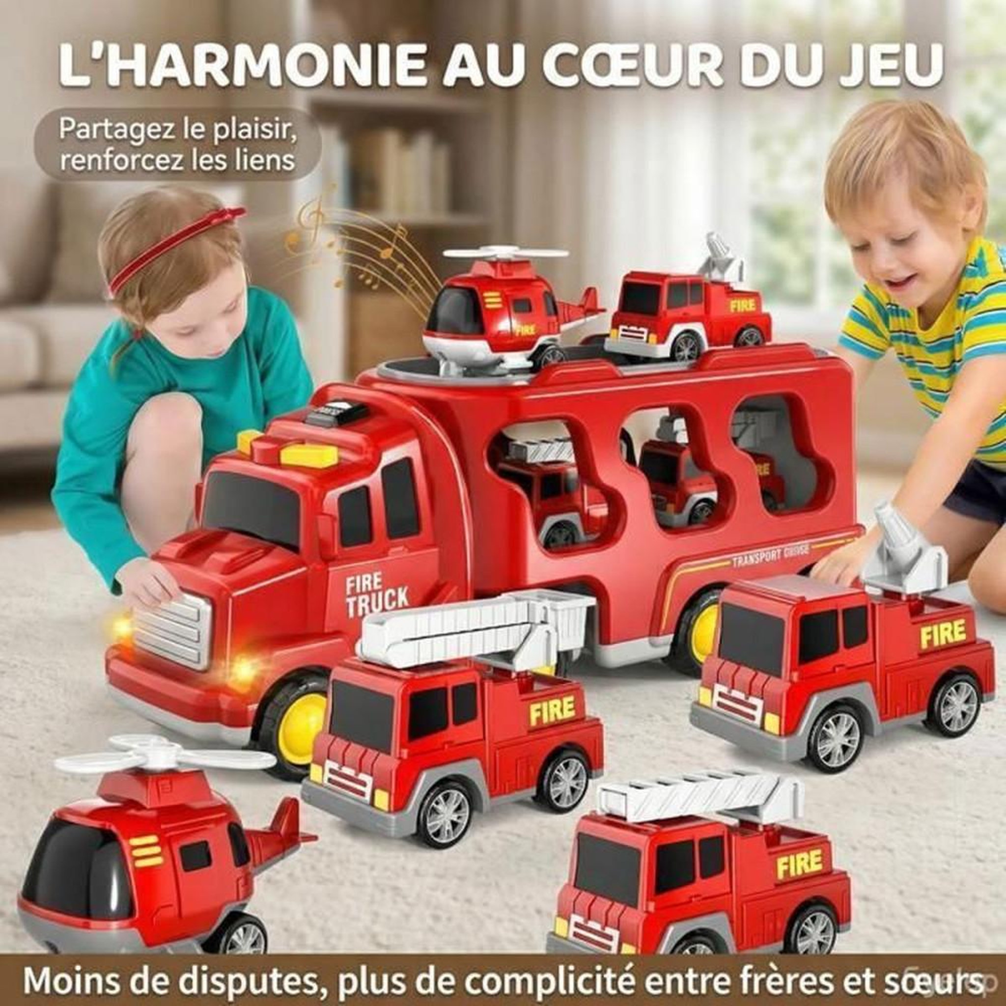Voir la diapositive 2 : Camion de pompiers miniature 5 en 1, set avec 4 véhicules, sons et lumières, rouge, ABS sécurisé, pour jeu intérieur et extérieur