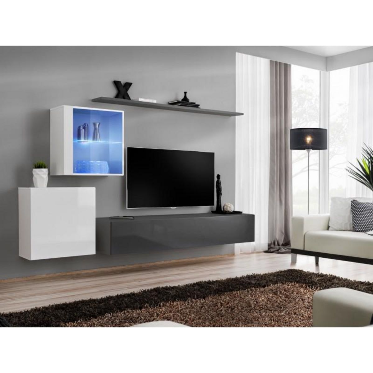 Paris Prix Meuble TV Mural Design  Switch XV  260cm Gris & Blanc