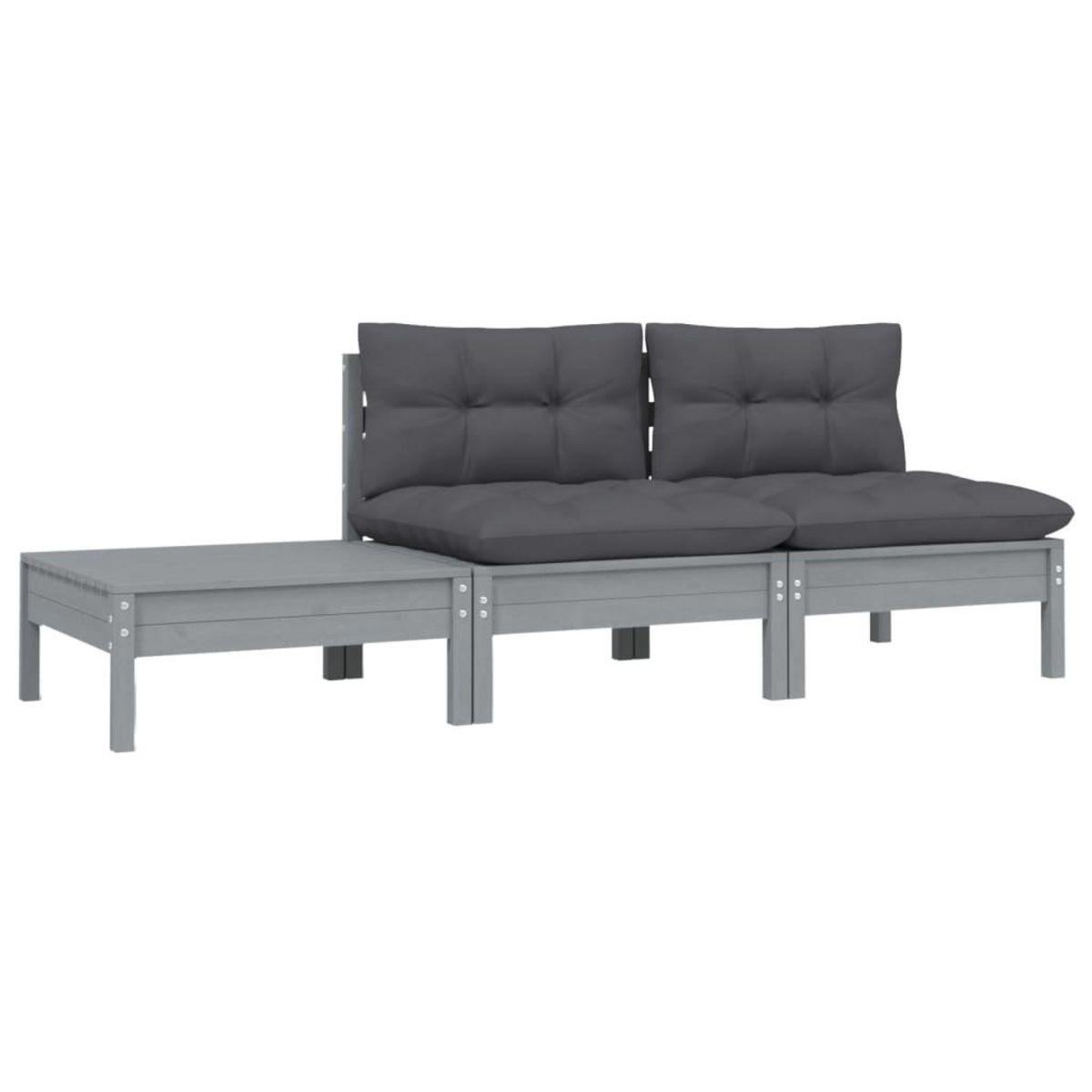 VIDAXL Salon de jardin 3 pcs avec coussins Gris Bois de pin massif