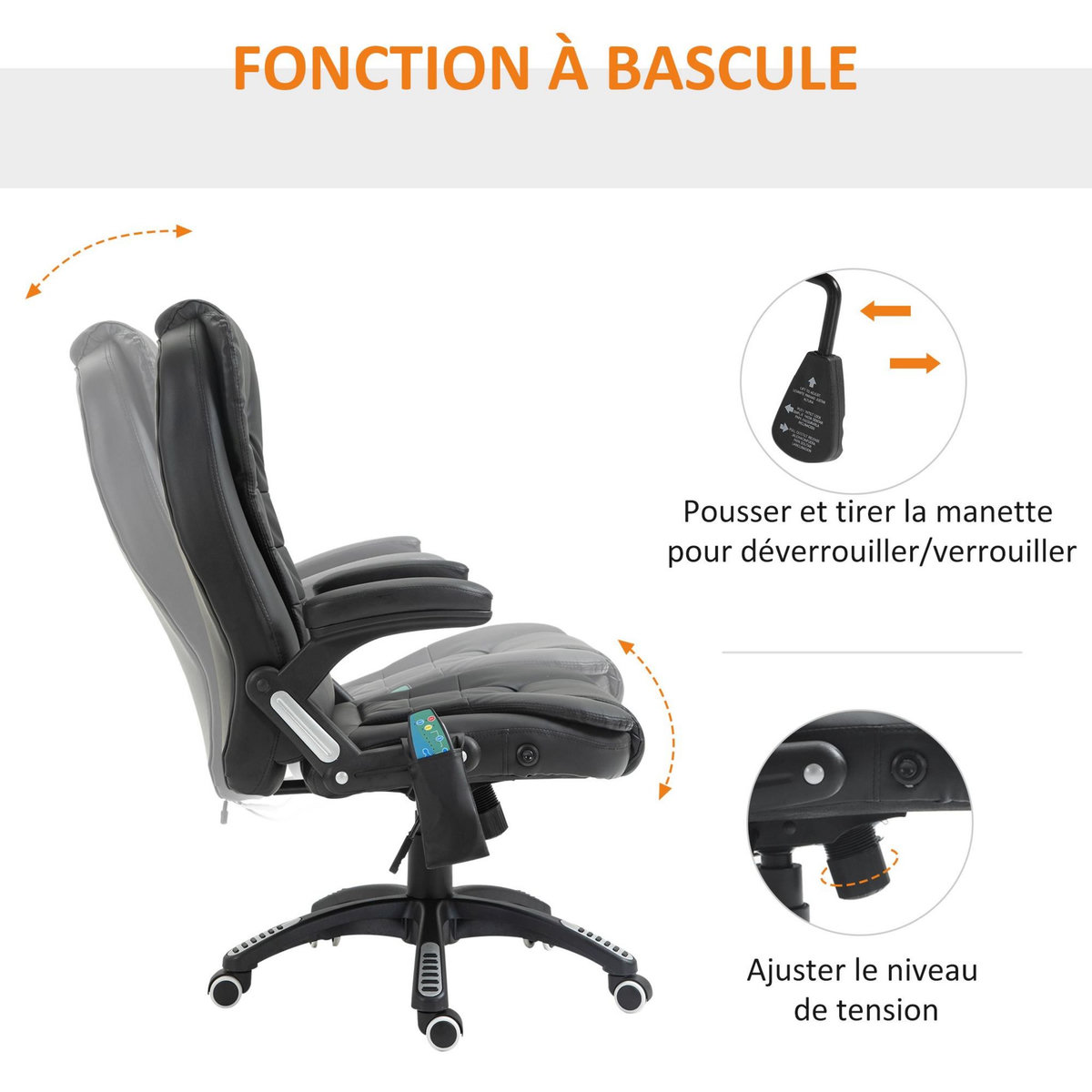 HOMCOM Fauteuil de bureau direction pivotant massant chauffant électrique revêtement synthétique noir