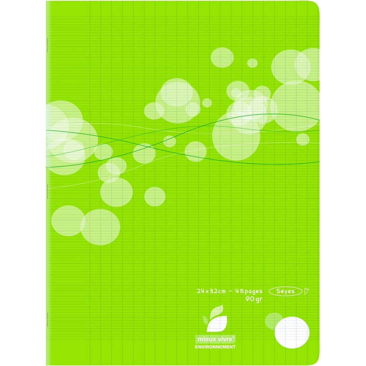 AUCHAN Cahier piqué polypro 24x32cm 48 pages grands carreaux Seyes vert motif ronds