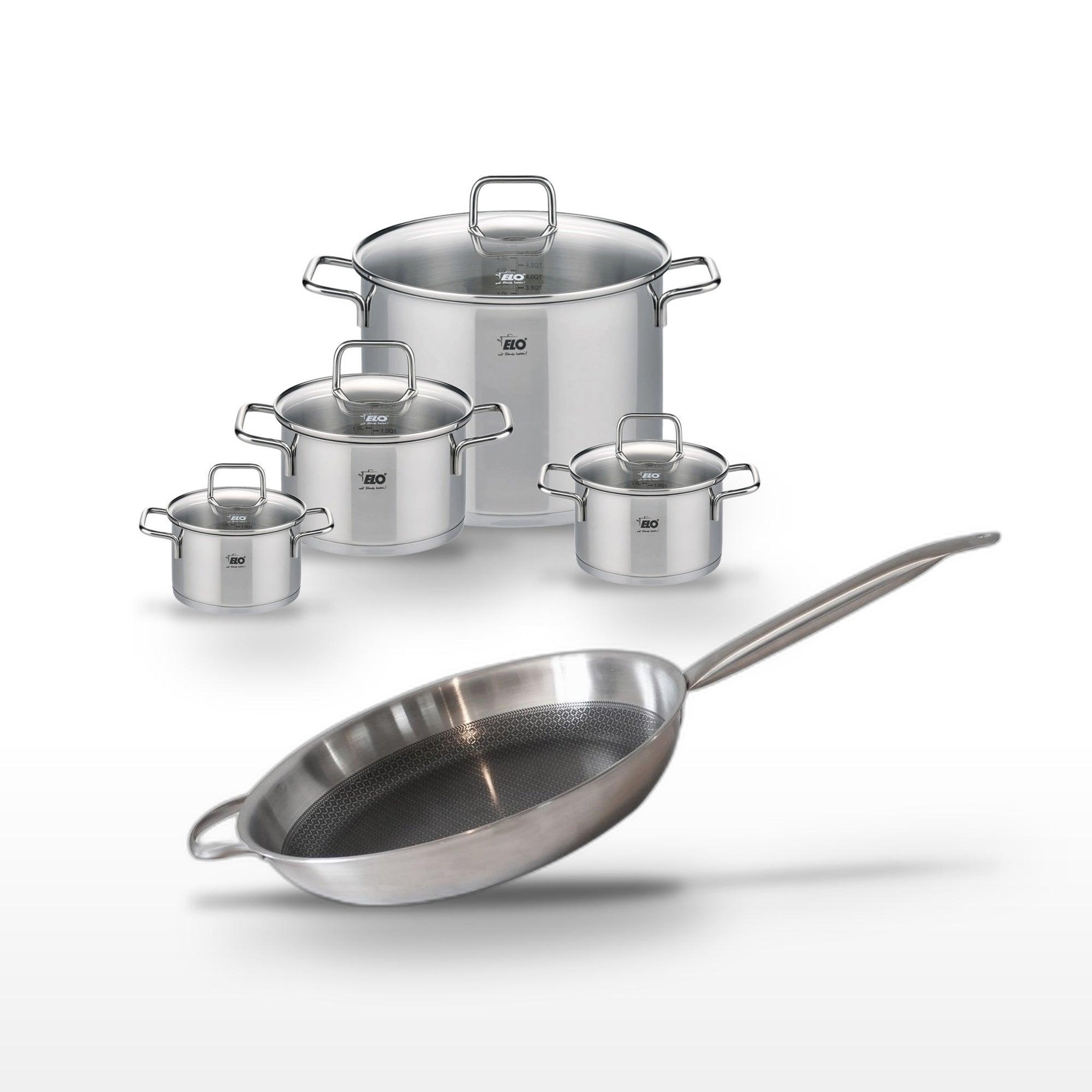 ELO Batterie de cuisine en inox 1 poêle 32 cm 1 faitout 14 cm 1 faitout 16 cm 2 faitouts 20/26 cm elo collection relief solution citrin