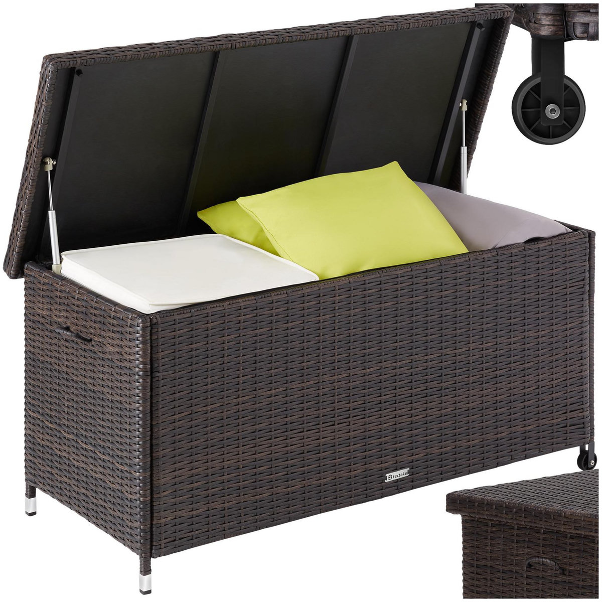 tectake Coffre de jardin pour coussins 270 l, avec tressage en rotin marron