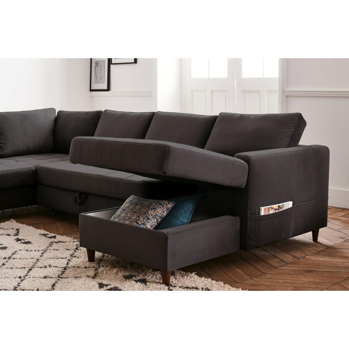 LISA DESIGN Anna - canapé panoramique d'angle gauche - 7 places - convertible avec coffre - en velours