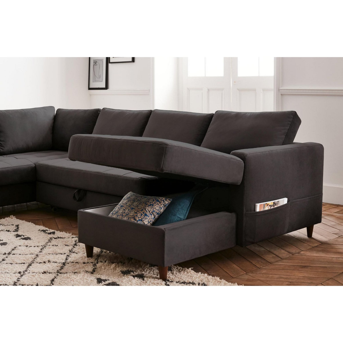 LISA DESIGN Anna - canapé panoramique d'angle gauche - 7 places - convertible avec coffre - en velours