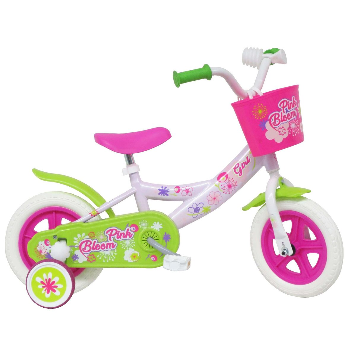 Vélo enfant - Modèle 10'' Fille Pink Bloom pour enfant de 75/90 cm avec stabilisateurs à molettes - Panier avant et roues batons