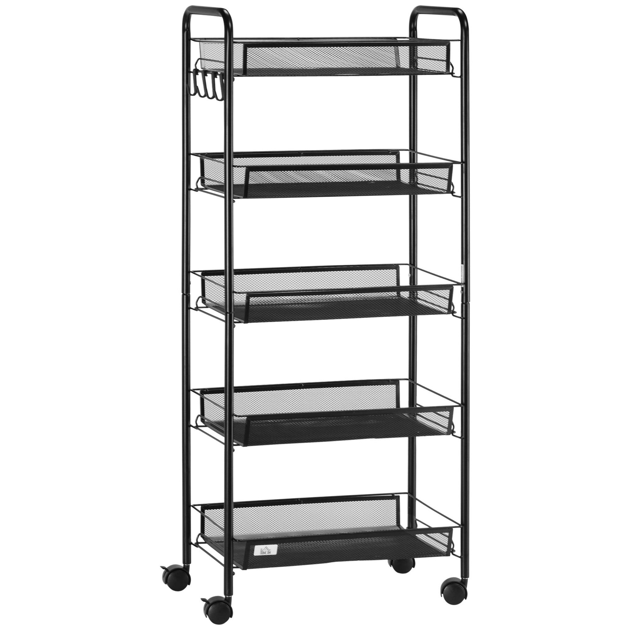 Voir la diapositive 1 : HOMCOM Chariot de service desserte de cuisine à roulettes 5 paniers métalliques amovibles 4 crochets acier