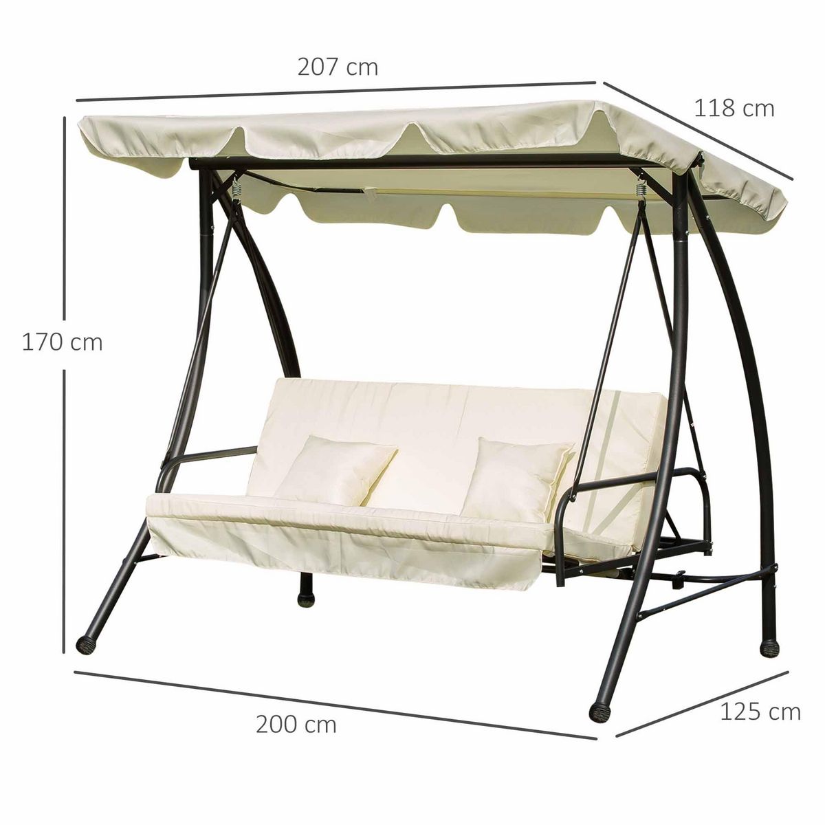 OUTSUNNY Balancelle de jardin convertible 3 places grand confort inclinaison toit réglable matelas et coussins fournis 2L x 1,25l x 1,7H m métal polyester noir et crème