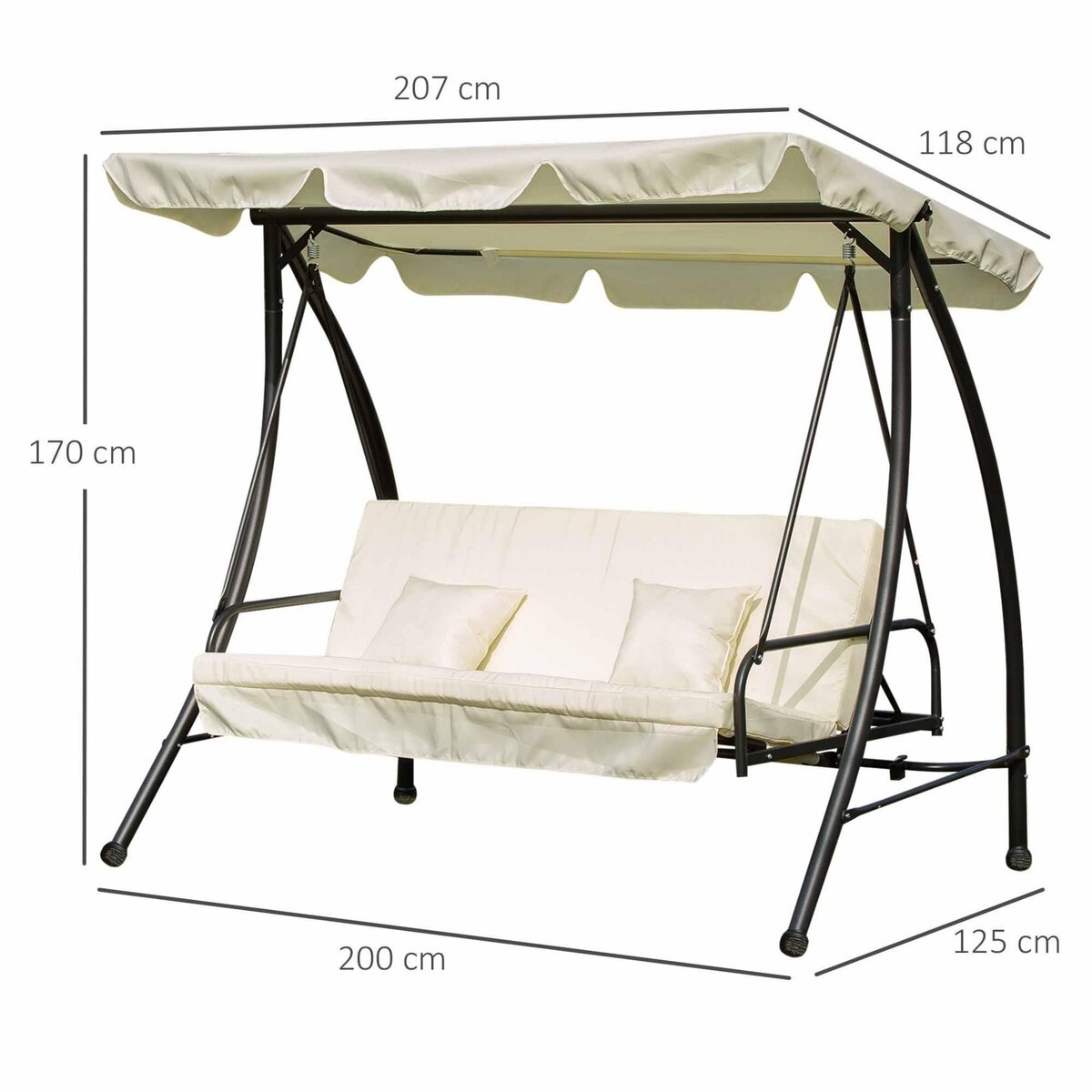 OUTSUNNY Balancelle de jardin convertible 3 places grand confort inclinaison toit réglable matelas et coussins fournis 2L x 1,25l x 1,7H m métal polyester noir et crème