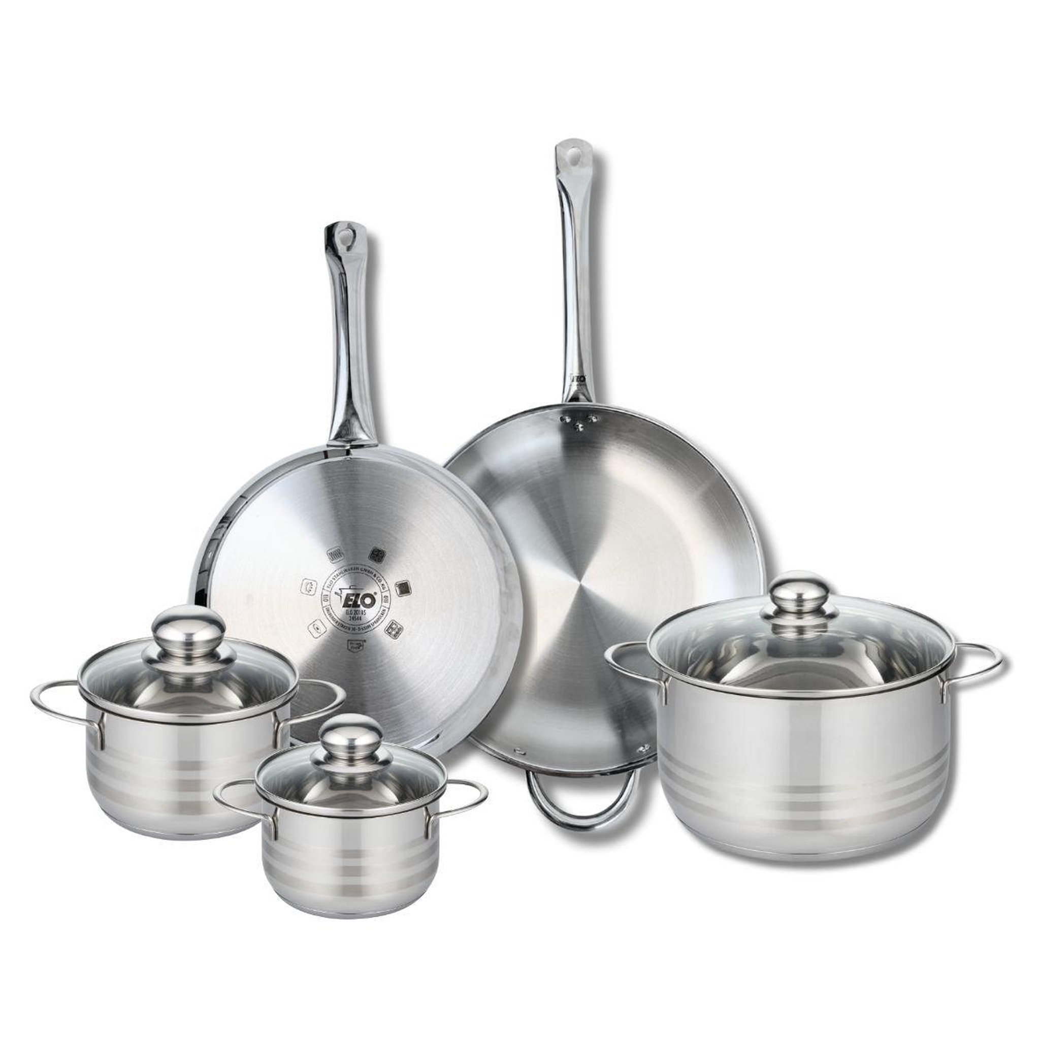 ELO Ensemble de 2 poêles de cuisson 28 et 32 cm et 3 faitouts 14, 16 et 24 cm elo profi brillant