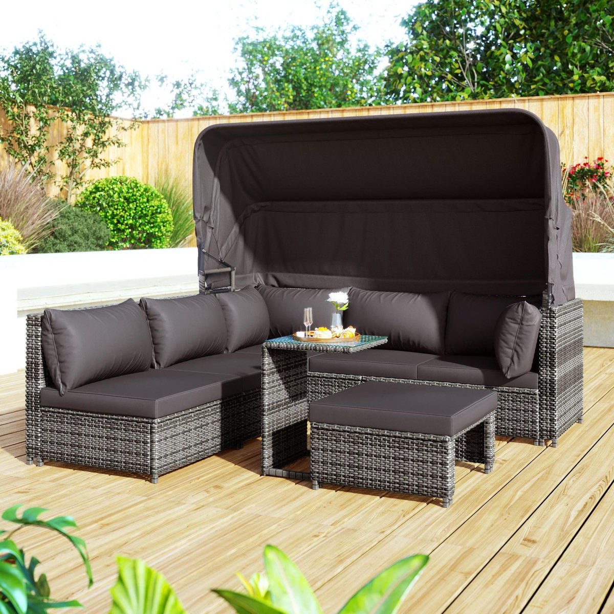 MERAX Salon de jardin 6 places en Rattan avec canapé à toit, pouf, fauteuils et table, gris