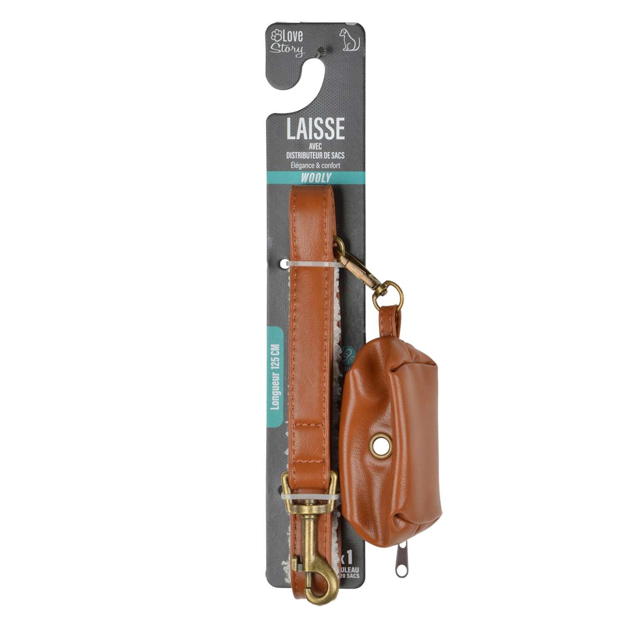 Voir la diapositive 4 : LOVE STORY Laisse en similicuir et bouclette avec distributeur de sacs - cognac