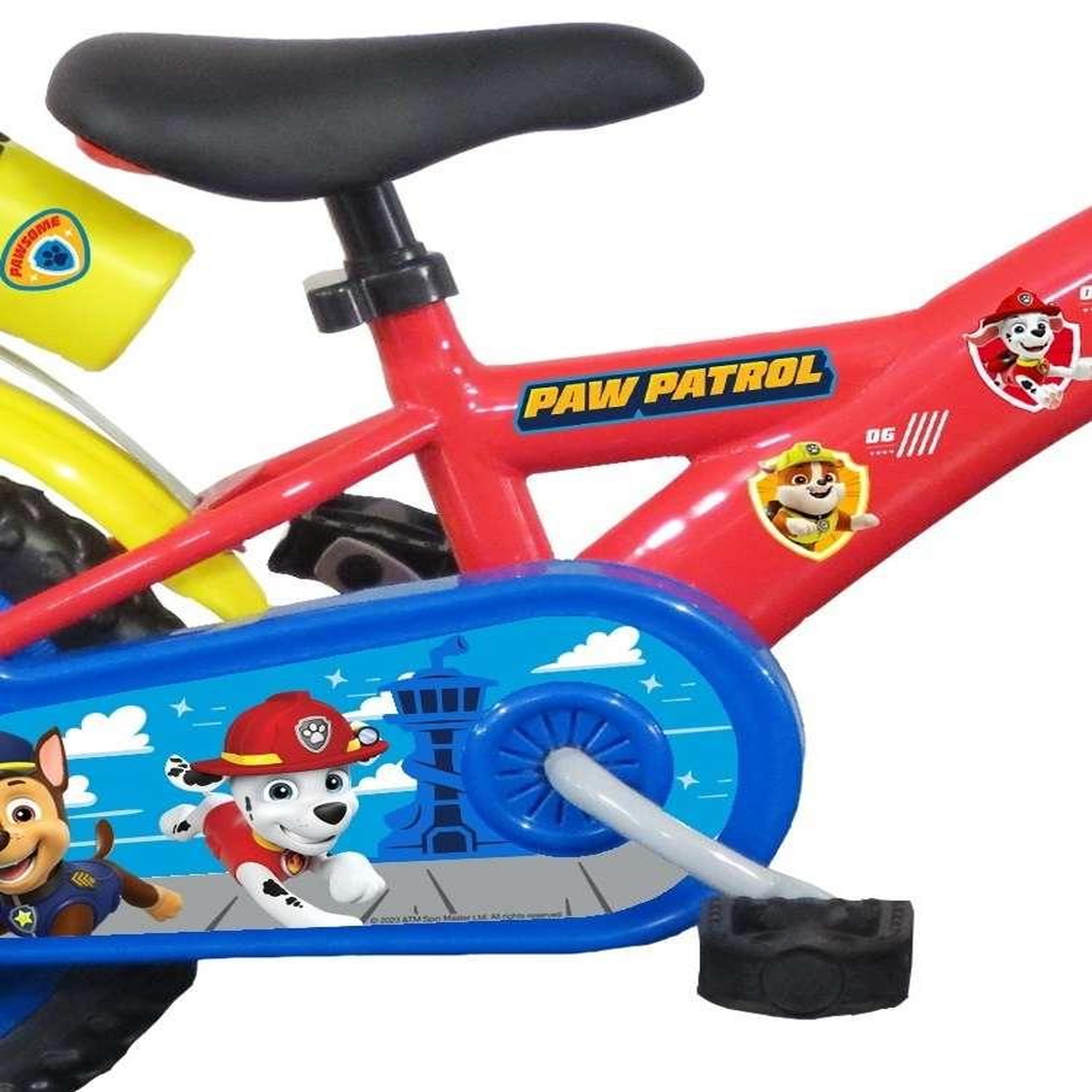Voir la diapositive 3 : Nickelodeon Vélo enfant - Modèle 12'' Pat Patrouille + Casque pour enfant de 85/100 cm avec stabilisateurs - Plaque décorative avant - Porte bidon - 1 frein et roues à bâtons
