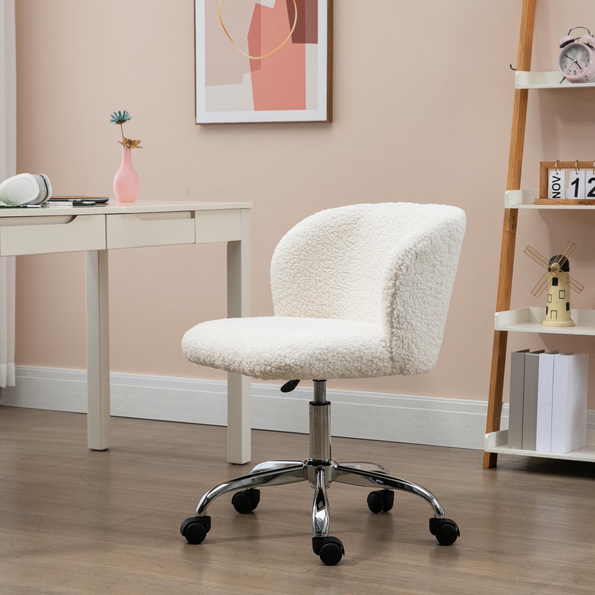 Voir la diapositive 2 : HOMCOM Chaise de bureau design - hauteur réglable, pivotante - piètement acier chromé revêtement effet laine bouclée blanc