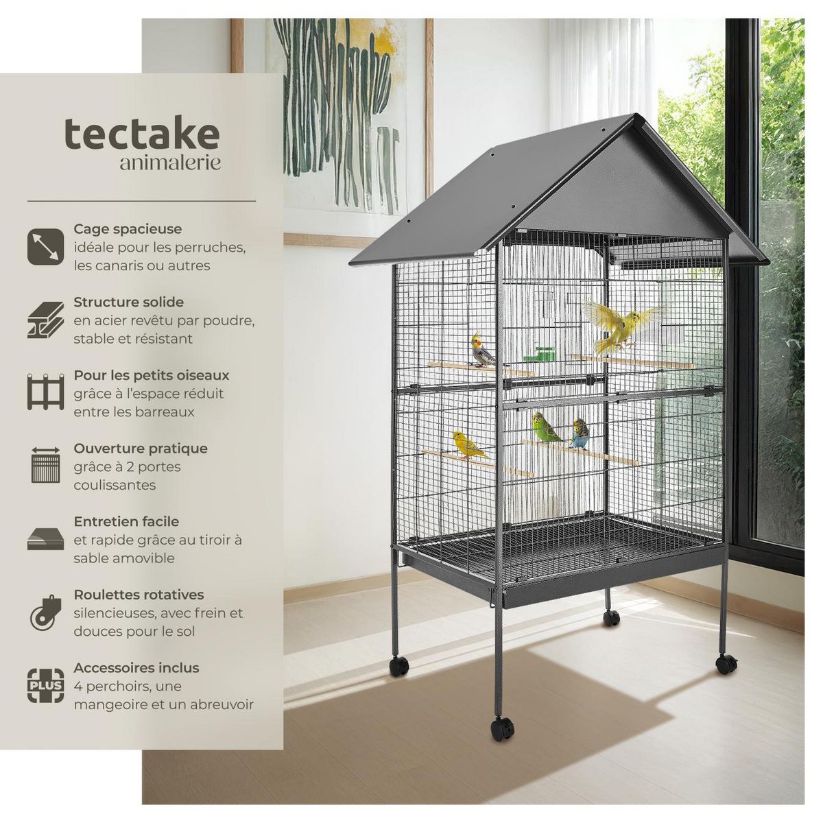 tectake Cage à oiseaux en finition martelée gris anthracite