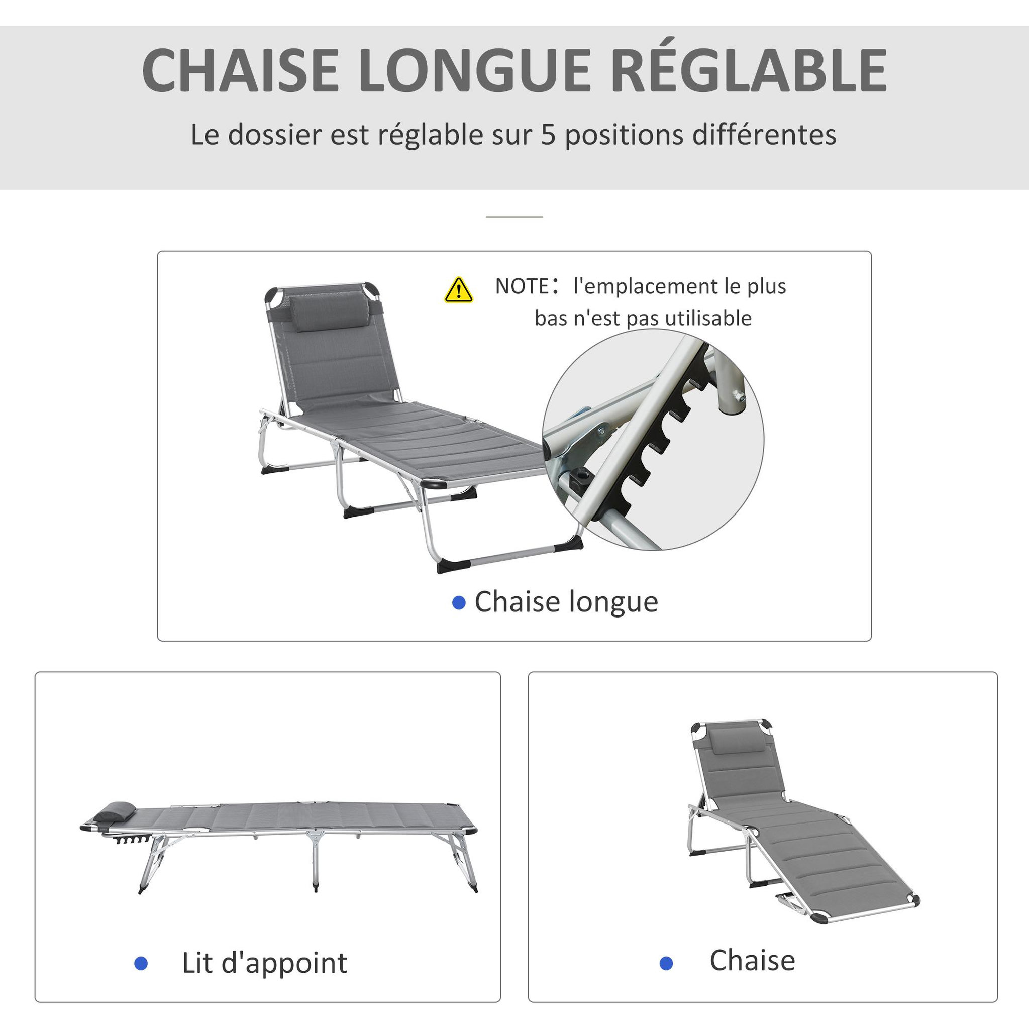 Voir la diapositive 4 : OUTSUNNY Bain de soleil transat pliable dossier réglable multi-positions matelassage tétière alu textilène gris