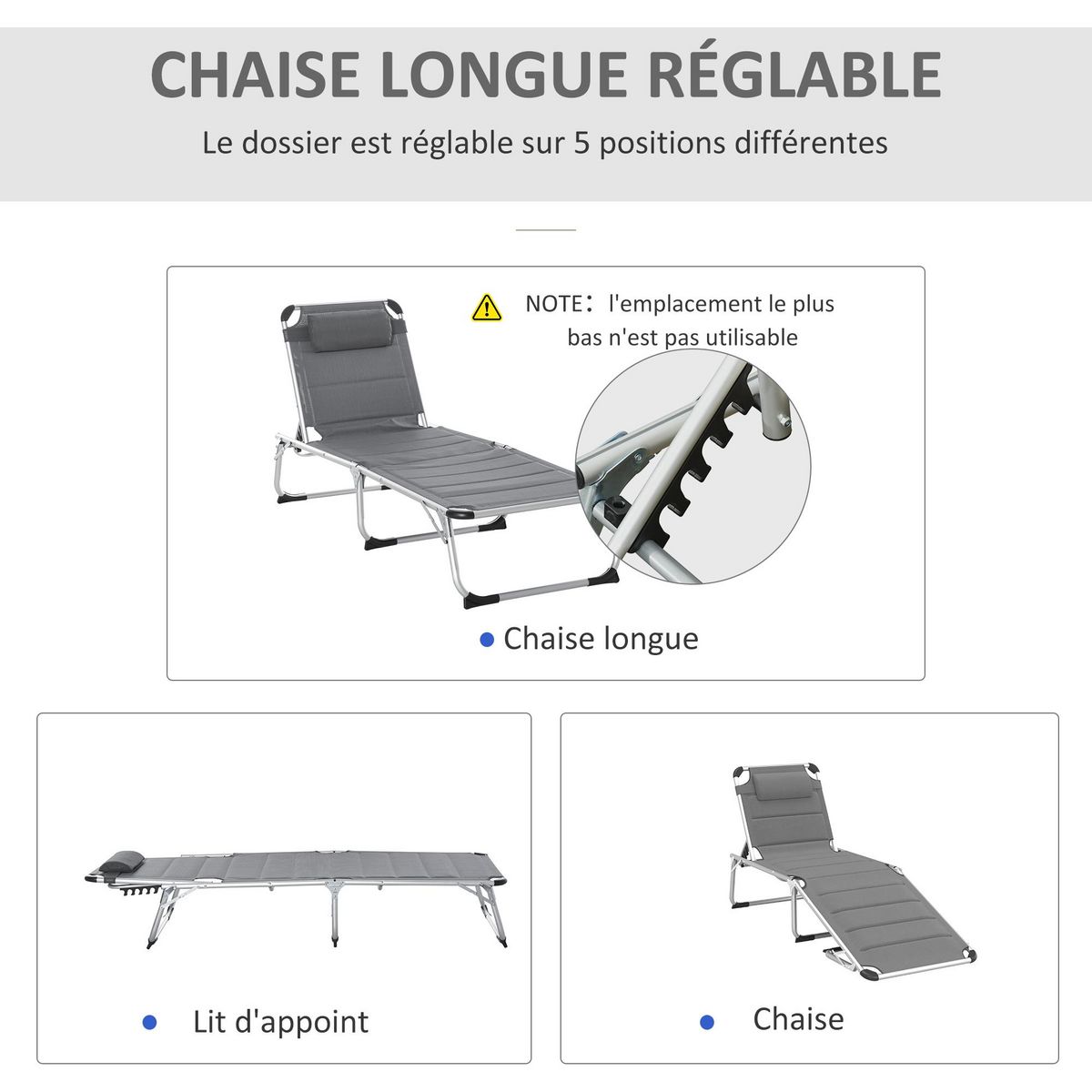 OUTSUNNY Bain de soleil transat pliable dossier réglable multi-positions matelassage tétière alu textilène gris