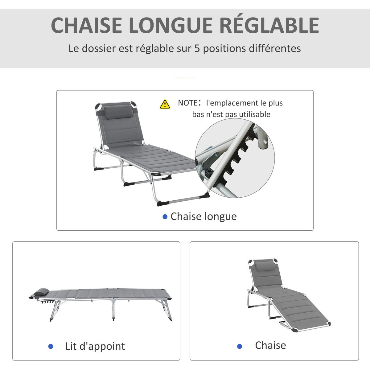 OUTSUNNY Bain de soleil transat pliable dossier réglable multi-positions matelassage tétière alu textilène gris