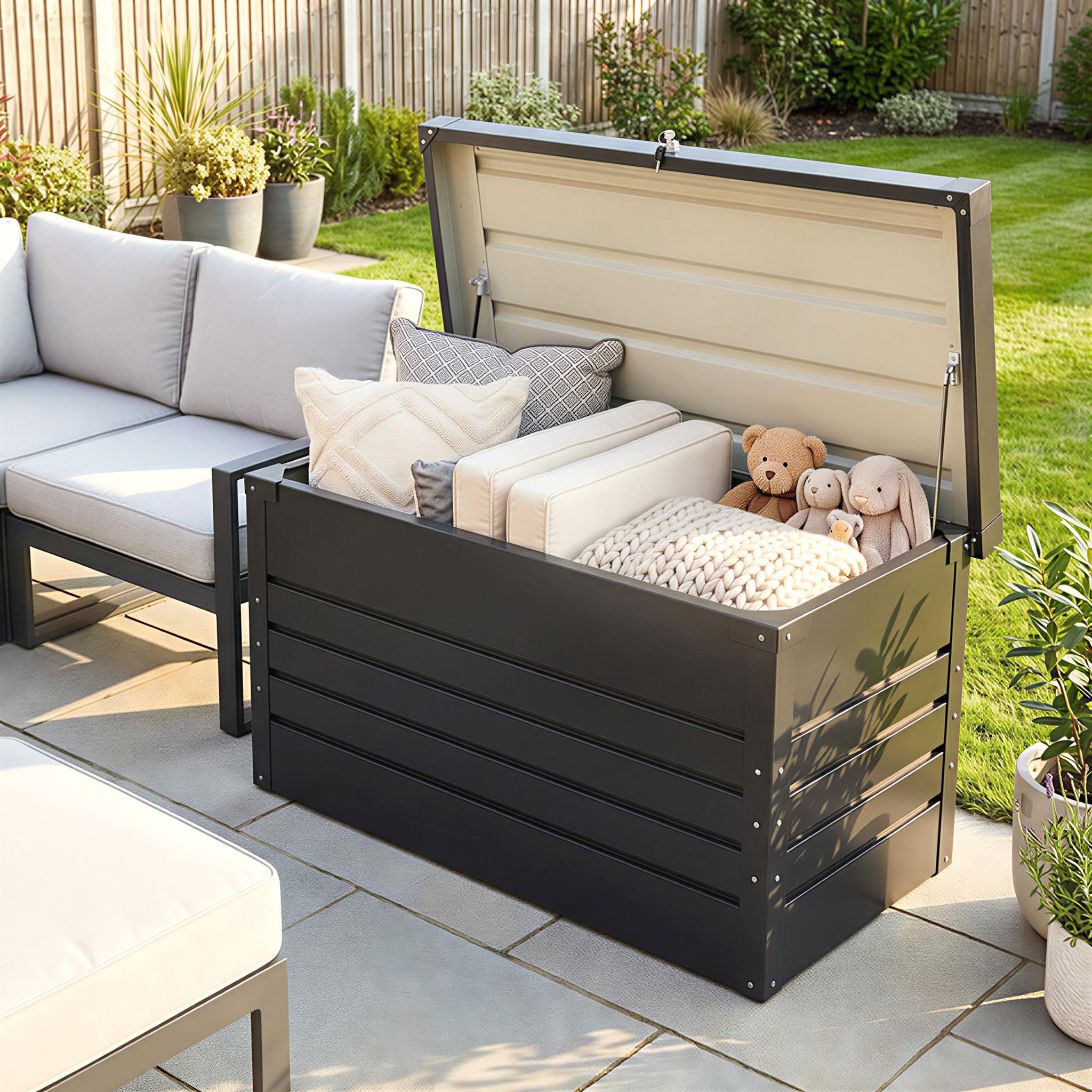 Voir la diapositive 4 : OUTSUNNY Coffre de jardin acier double couche thermolaqué 450L vérins gaz gris