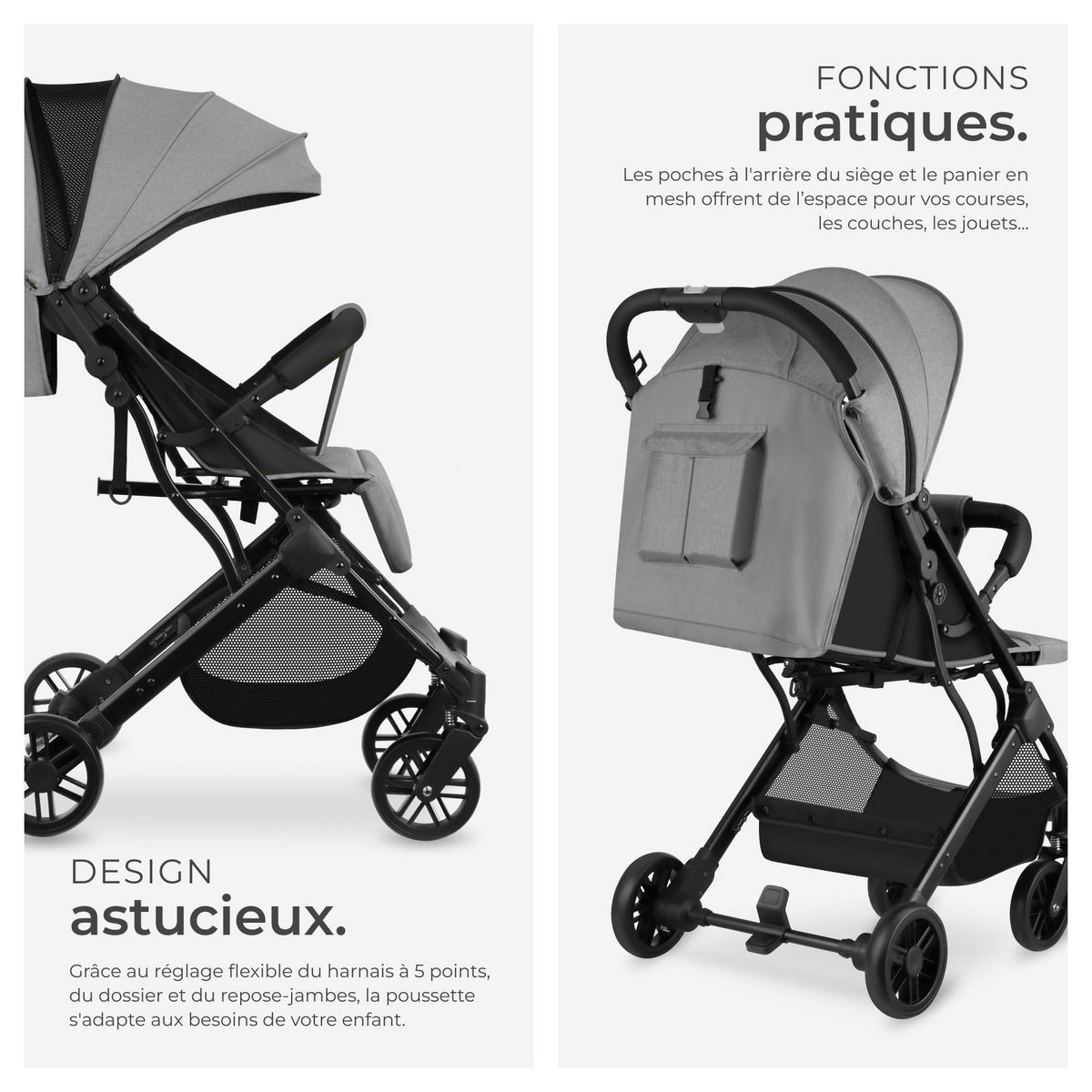 tectake Poussette buggy pliage à une main avec harnais à 5 points, frein de stationnement et arceau de sécurité gris