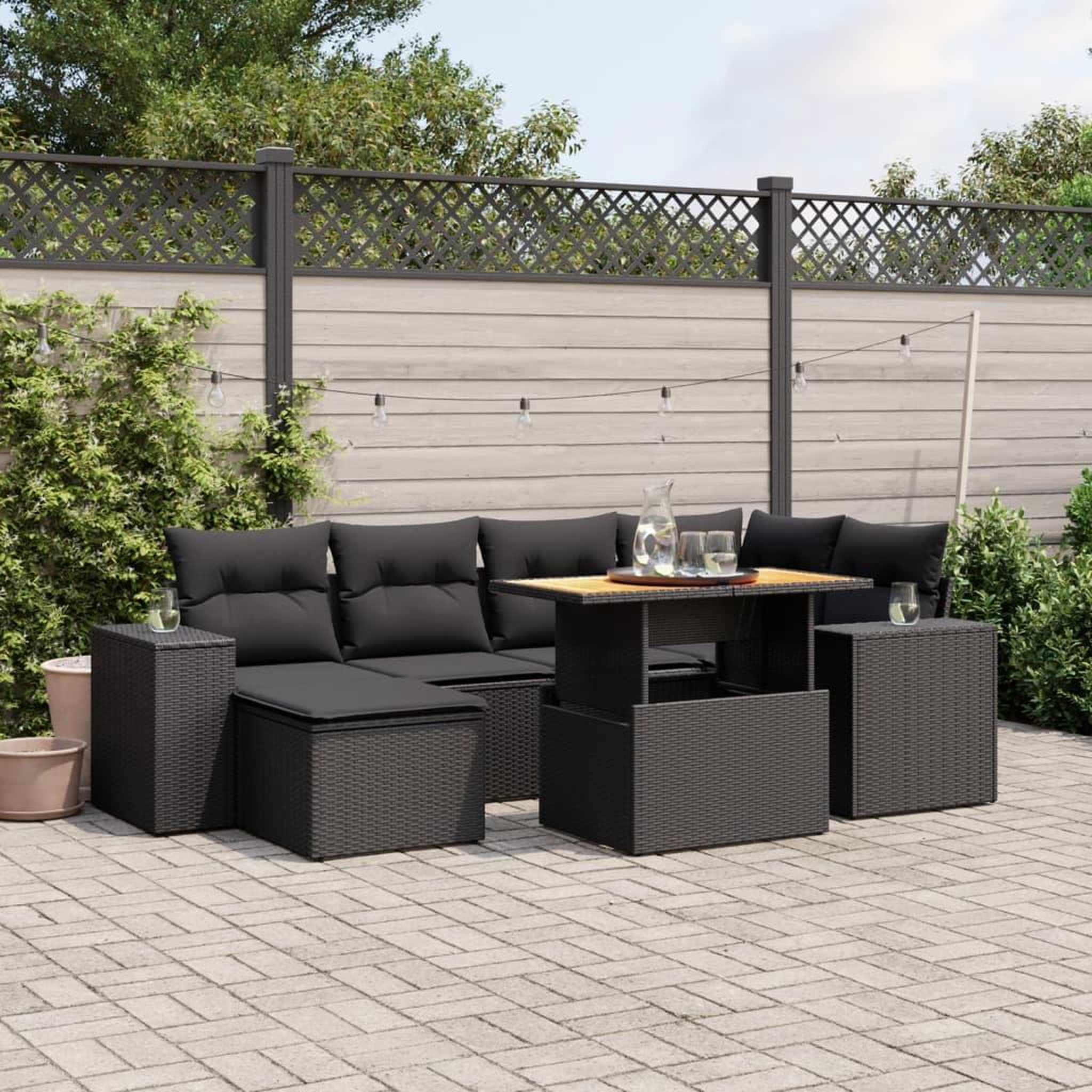 VIDAXL Salon de jardin 7 pcs avec coussins noir resine tressee