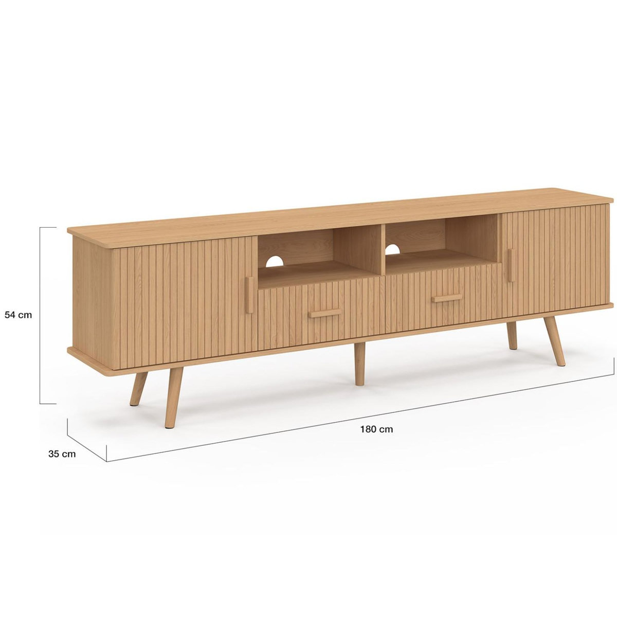 ID MARKET Meuble TV 180 cm JULIETTE 2 portes et 2 tiroirs lattes tasseau bois coloris chêne