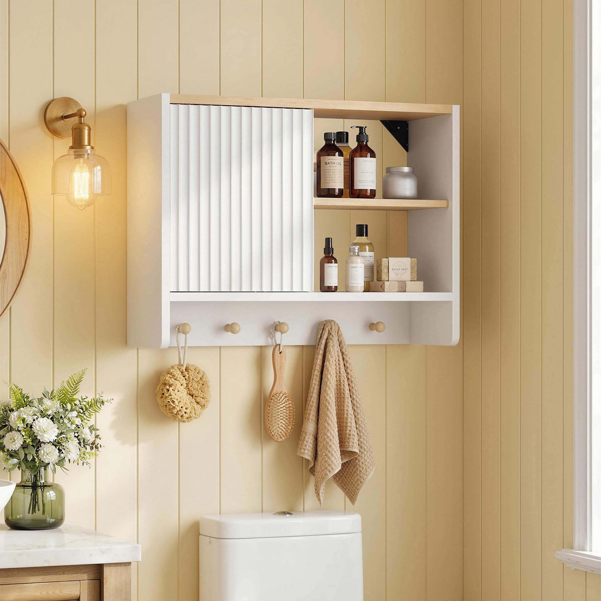 Voir la diapositive 6 : HOMCOM Armoire murale salle de bain rangement porte crochets bois blanc chêne