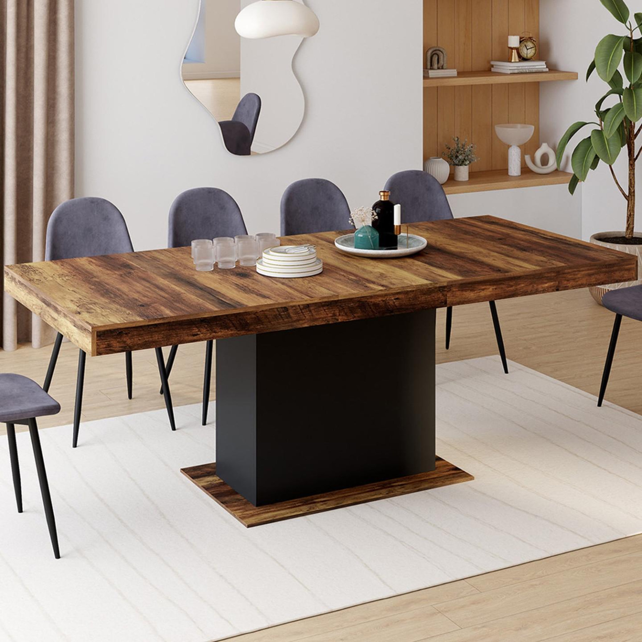 Voir la diapositive 2 : ID MARKET Table à manger extensible rectangle eden 6-10 personnes plateau hawkins bois foncé et noir 160-200cm