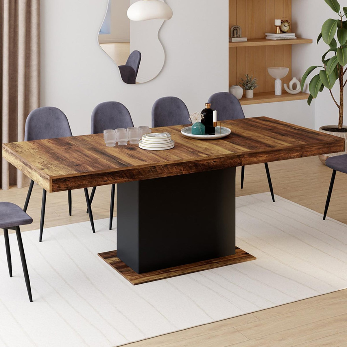 ID MARKET Table à manger extensible rectangle EDEN 6-10 personnes plateau HAWKINS bois foncé et noir 160-200cm