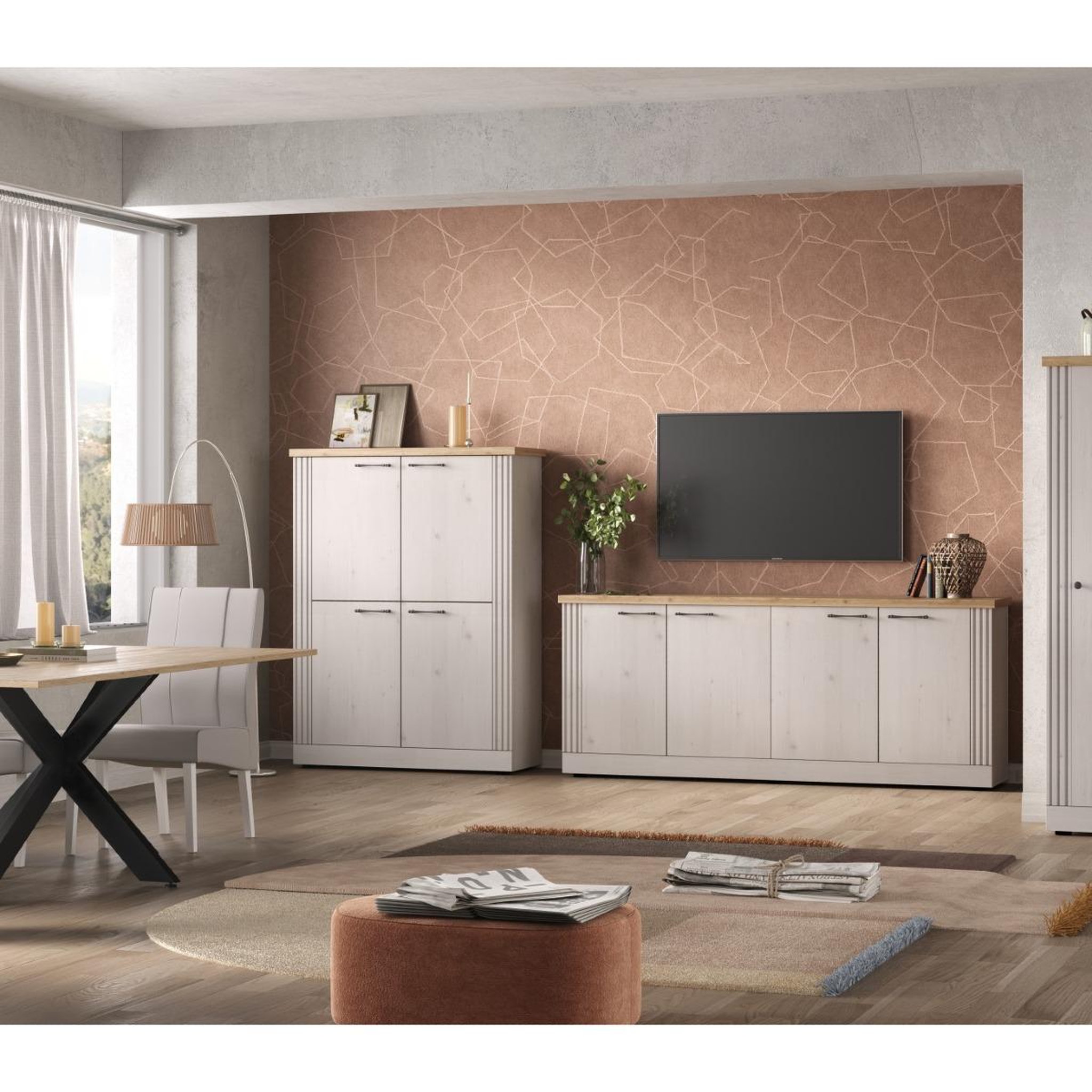 Voir la diapositive 4 : JLC KREATION Buffet moderne 4 portes coloris chêne naturel 210cm YANIS