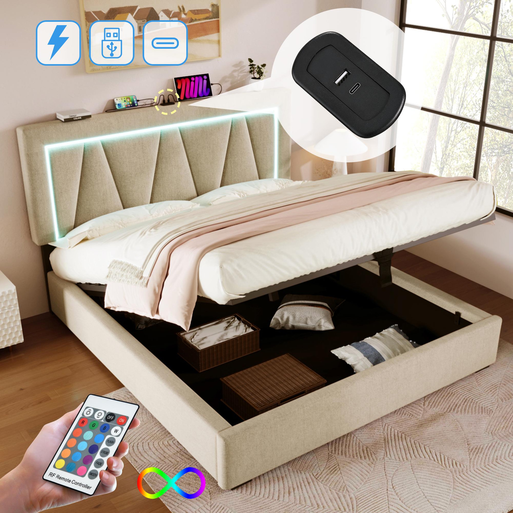 Voir la diapositive 2 : MERAX Lit double coffre 160x200 cm avec led, usb et sommier à lattes， lin gris