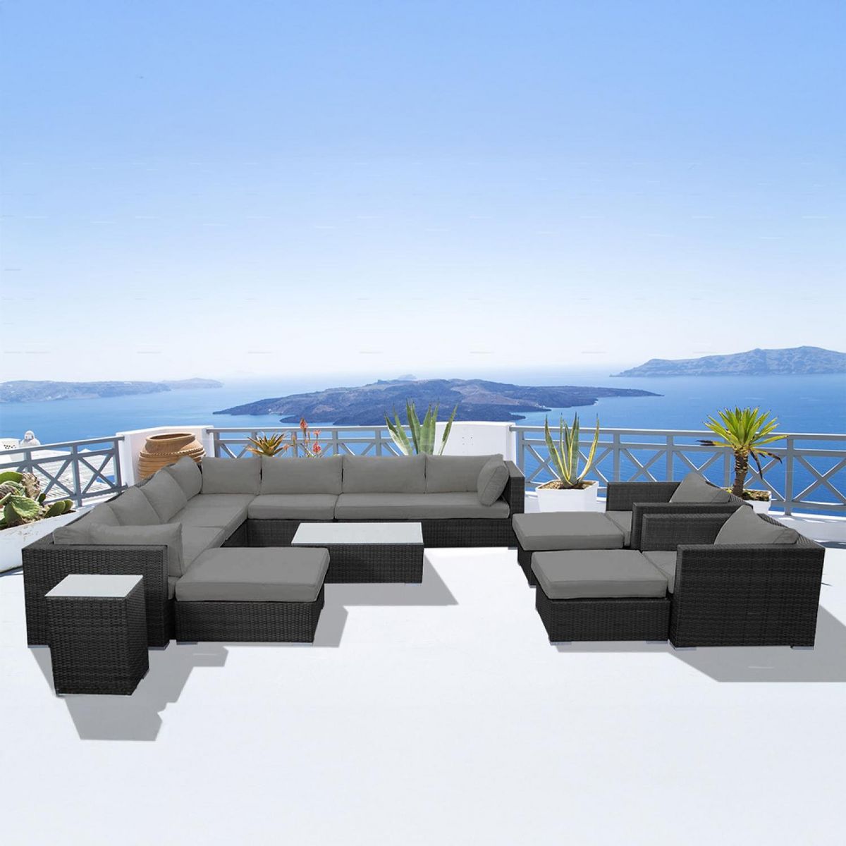 CONCEPT USINE Salon de jardin modulable 13-14 places en résine tressée noir et gris STALLA