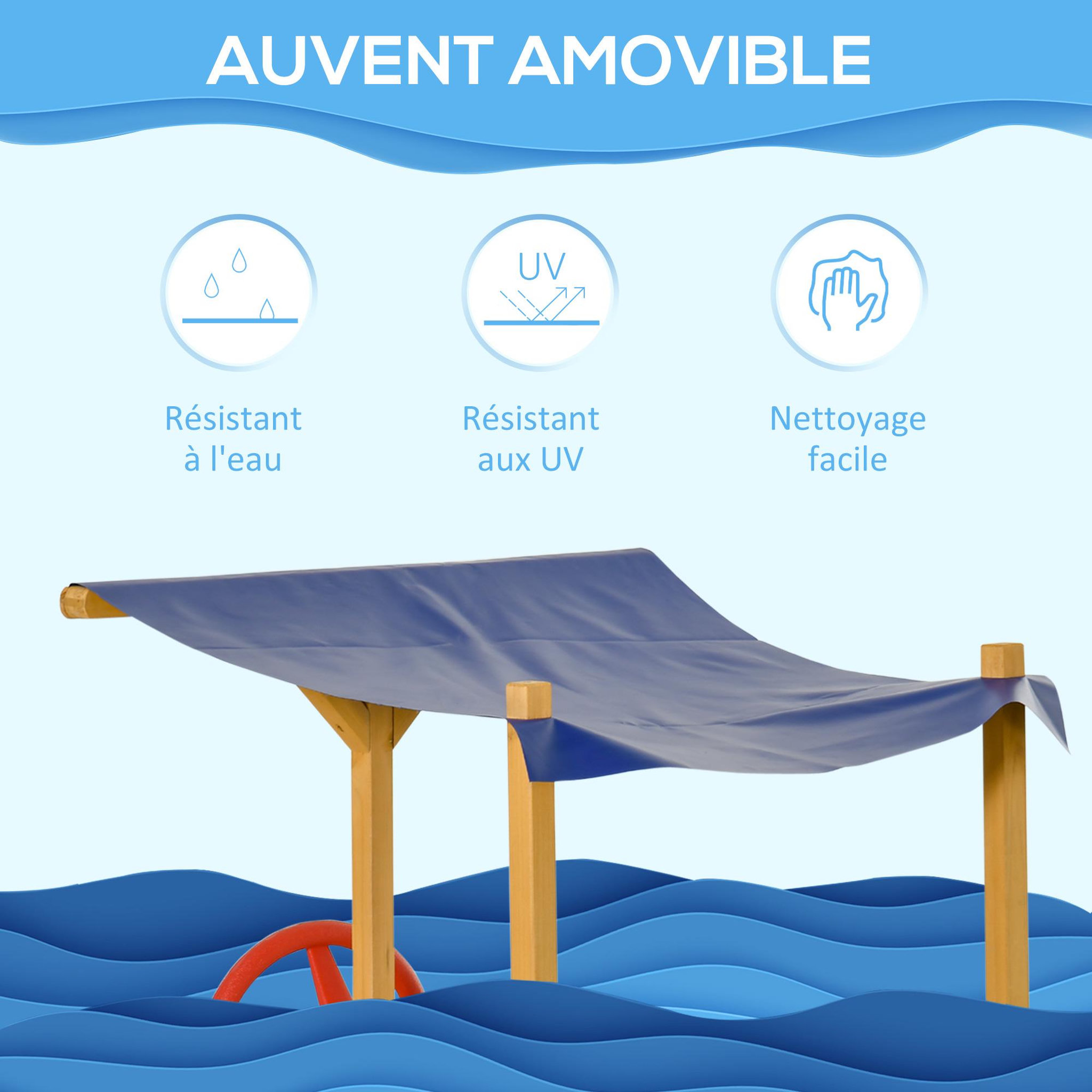 Voir la diapositive 6 : OUTSUNNY Bac à sable bateau de pirate en bois - voile d'ombrage, coffre rangement, gouvernail - bois sapin pré-huilé