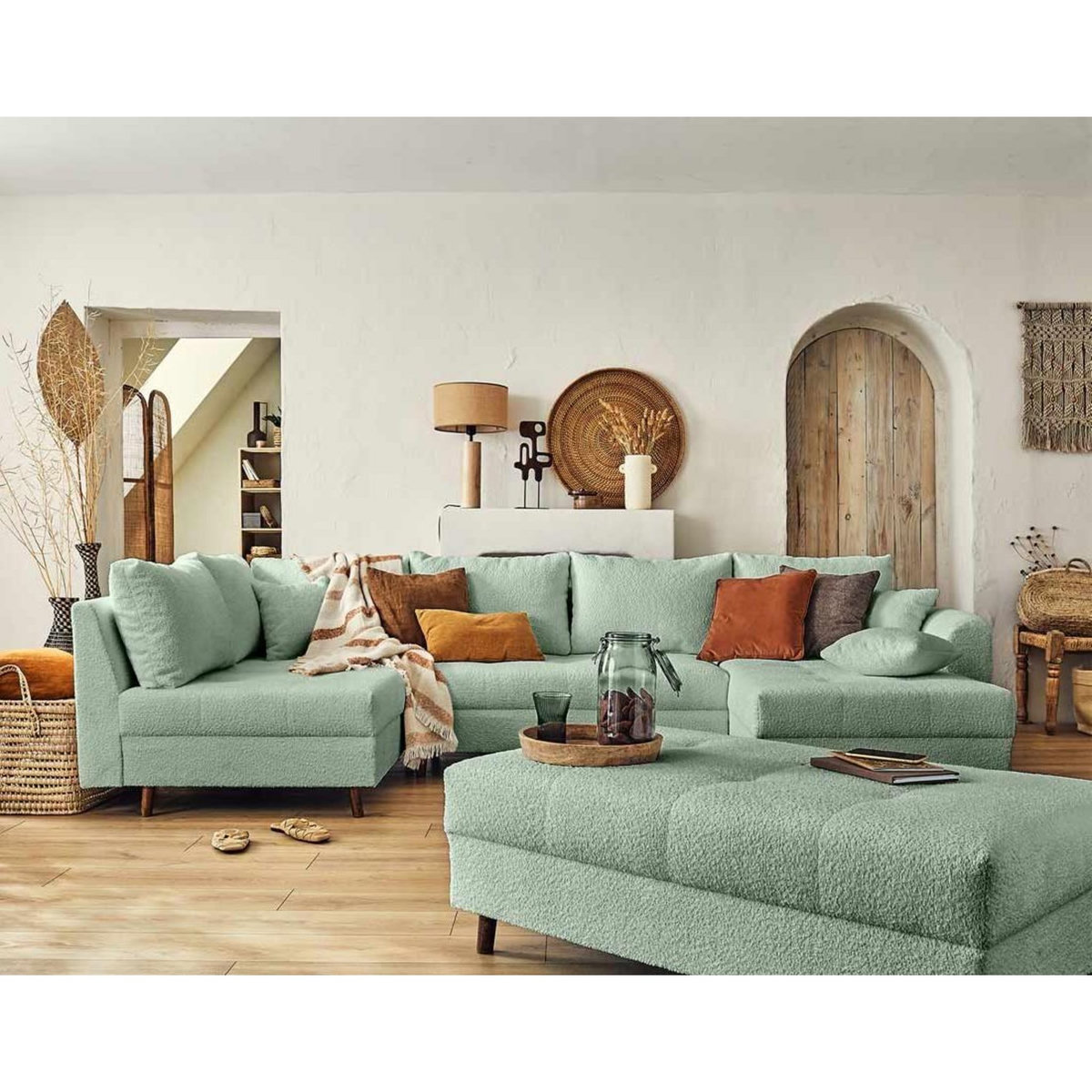 LISA DESIGN Rune - canapé panoramique d'angle gauche - 7 places - avec pouf d'appoint - en tissu bouclette