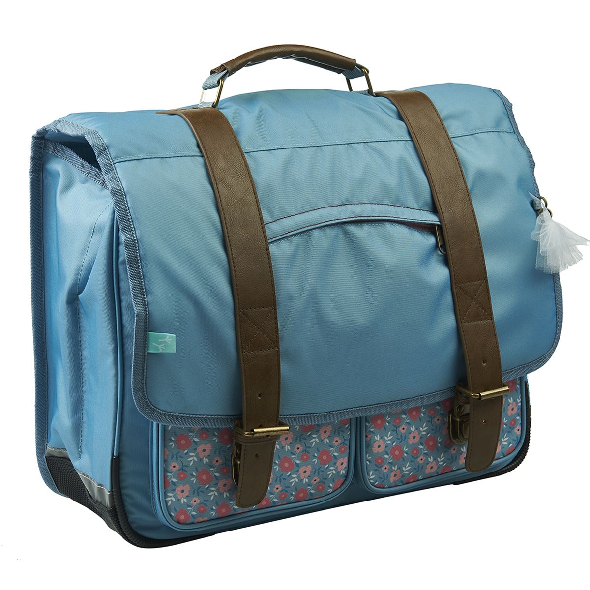 AUCHAN Cartable 38 cm CP/CE1/CE2 bleu motif fleurs avec leds